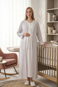 Lace Collar Maternity Feeding-Friendly Nightgown & Patterned Robe Set Ecru - Z2319