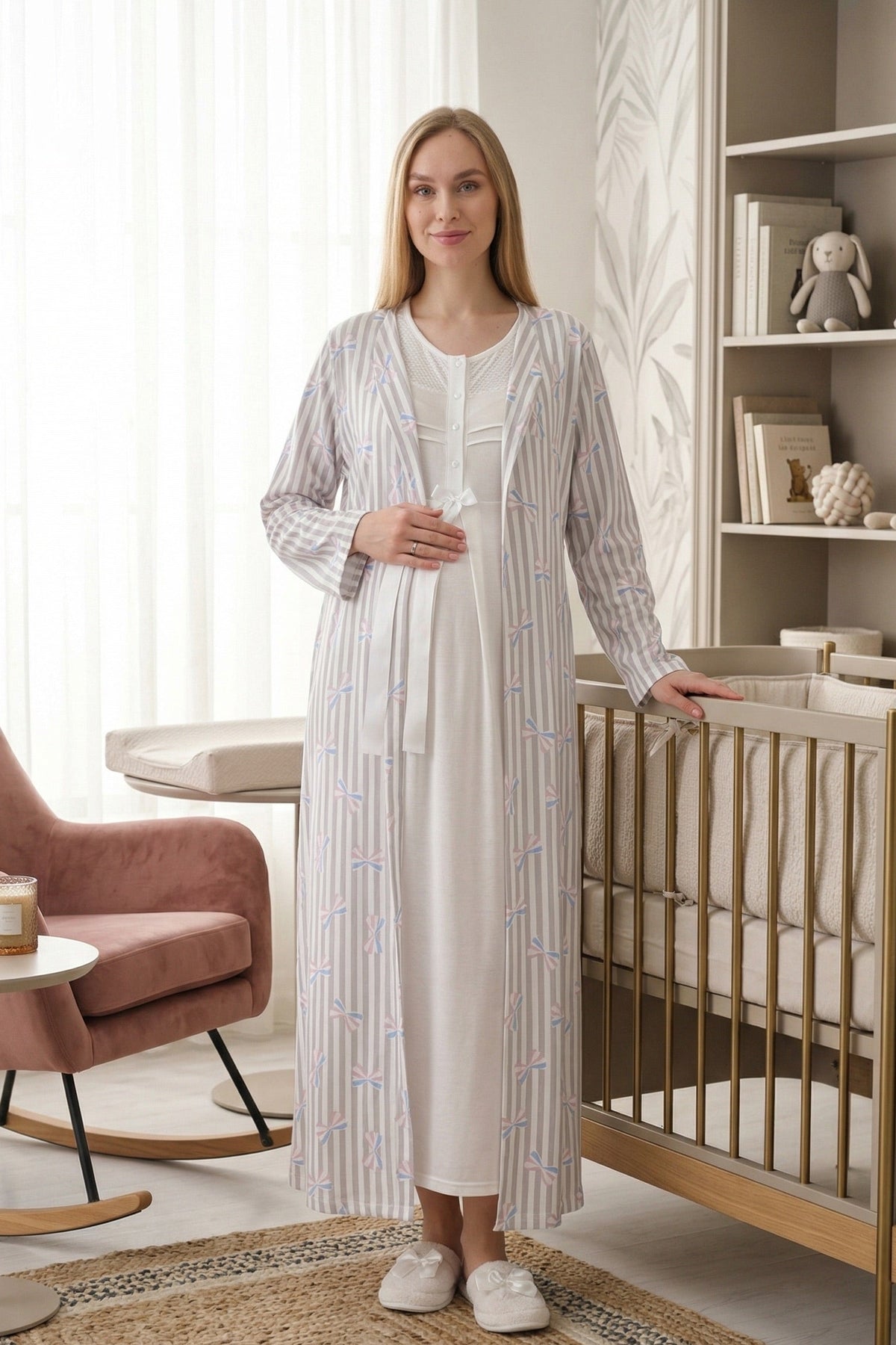 Lace Collar Maternity Feeding-Friendly Nightgown & Patterned Robe Set Ecru - Z2319