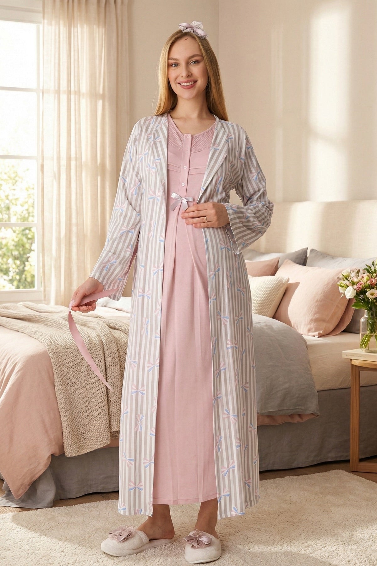 Lace Collar Maternity Feeding-Friendly Nightgown & Patterned Robe Set Powder - Z2319