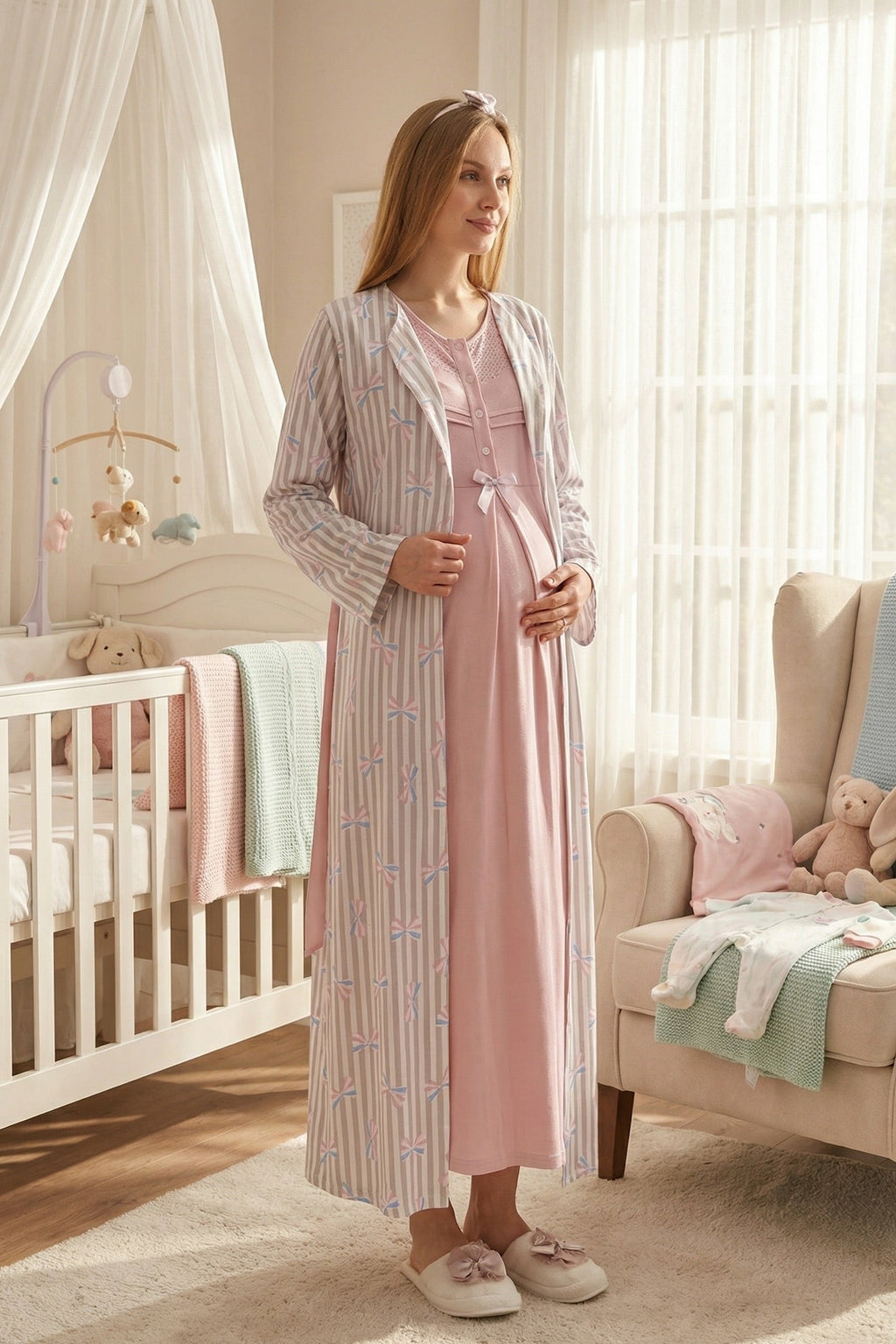 Lace Collar Maternity Feeding-Friendly Nightgown & Patterned Robe Set Powder - Z2319