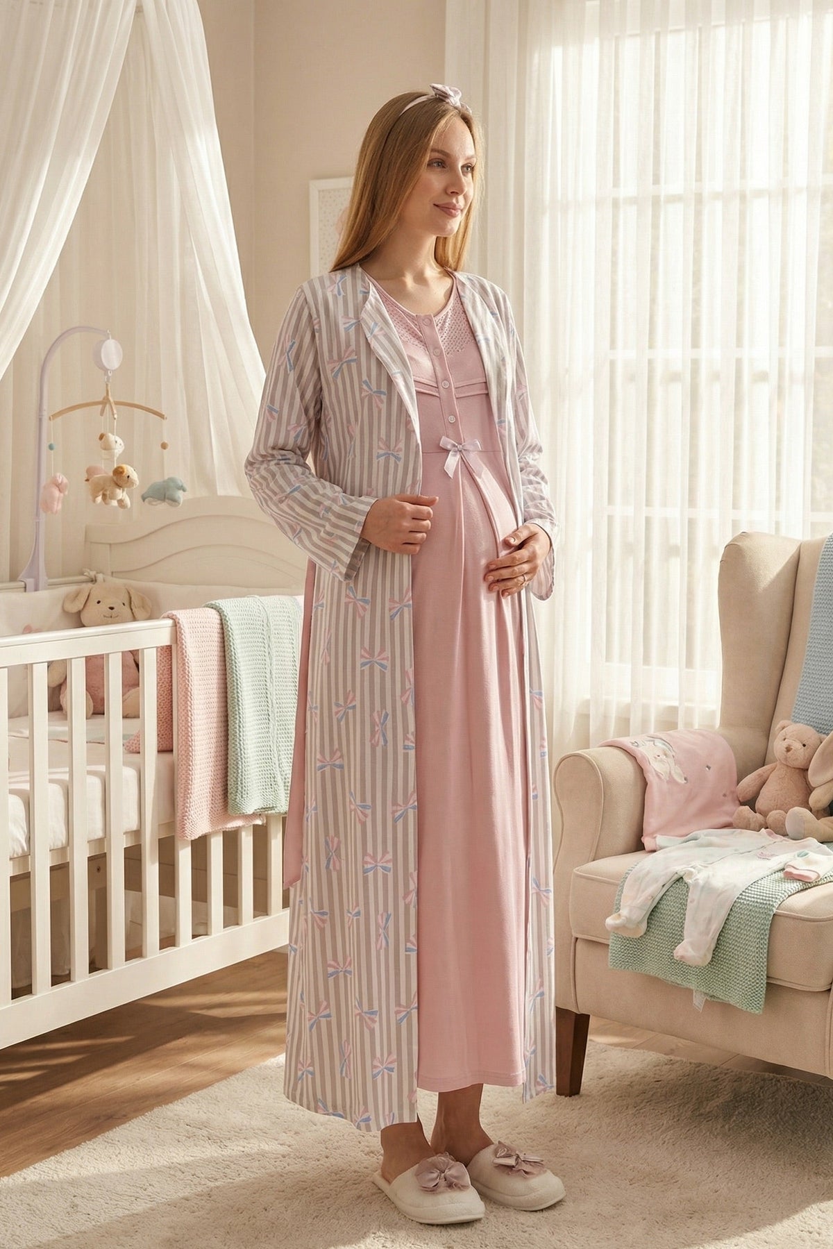 Lace Collar Maternity Feeding-Friendly Nightgown & Patterned Robe Set Powder - Z2319