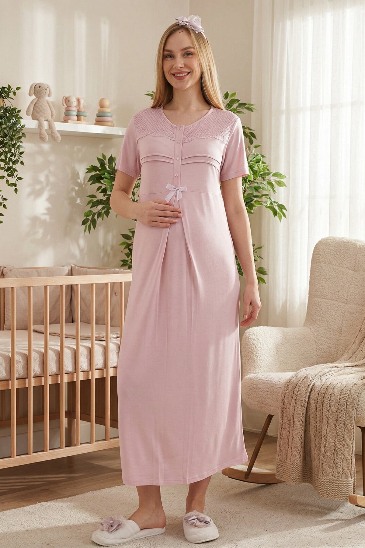 Lace Collar Maternity Feeding-Friendly Nightgown & Patterned Robe Set Powder - Z2319