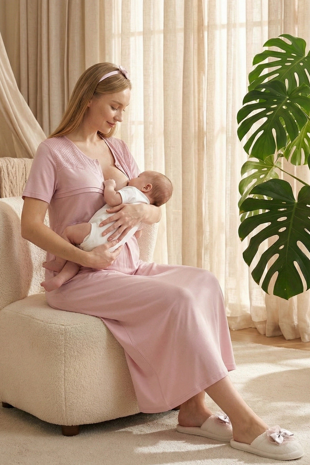 Lace Collar Maternity Feeding-Friendly Nightgown & Patterned Robe Set Powder - Z2319