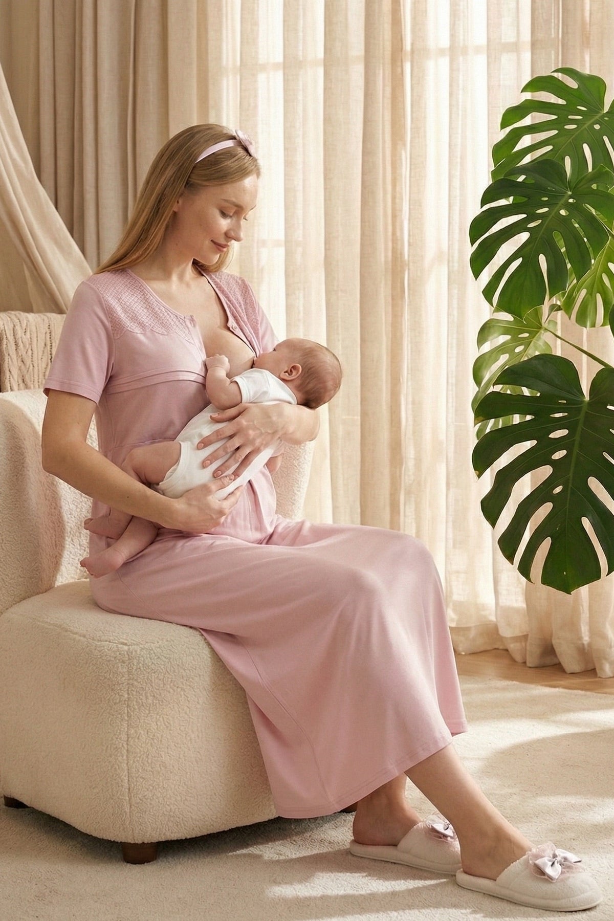 Lace Collar Maternity Feeding-Friendly Nightgown & Patterned Robe Set Powder - Z2319