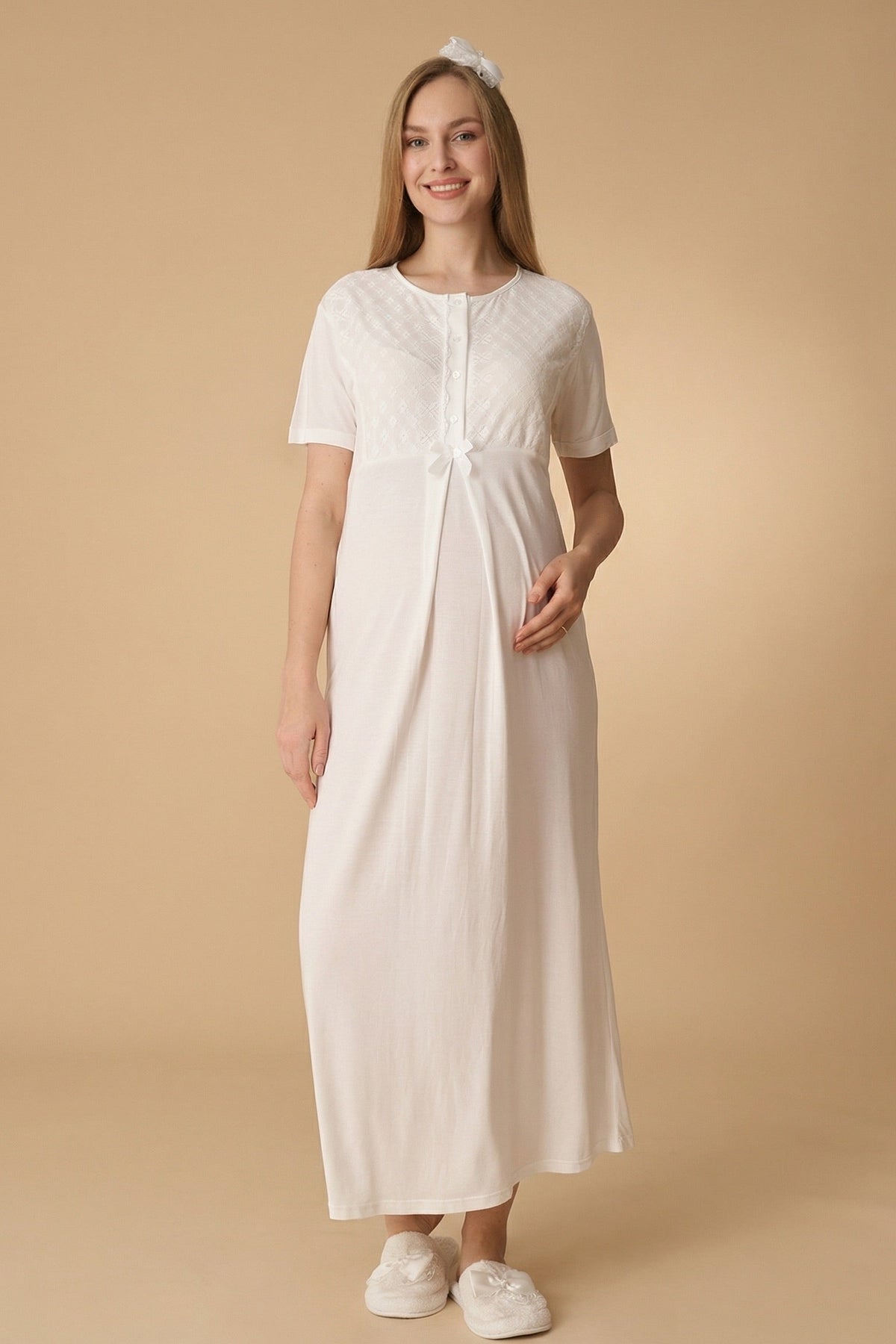 Guipure Collar Maternity Feeding-Friendly Nightgown & Ribbed Robe Set Ecru - Z2320
