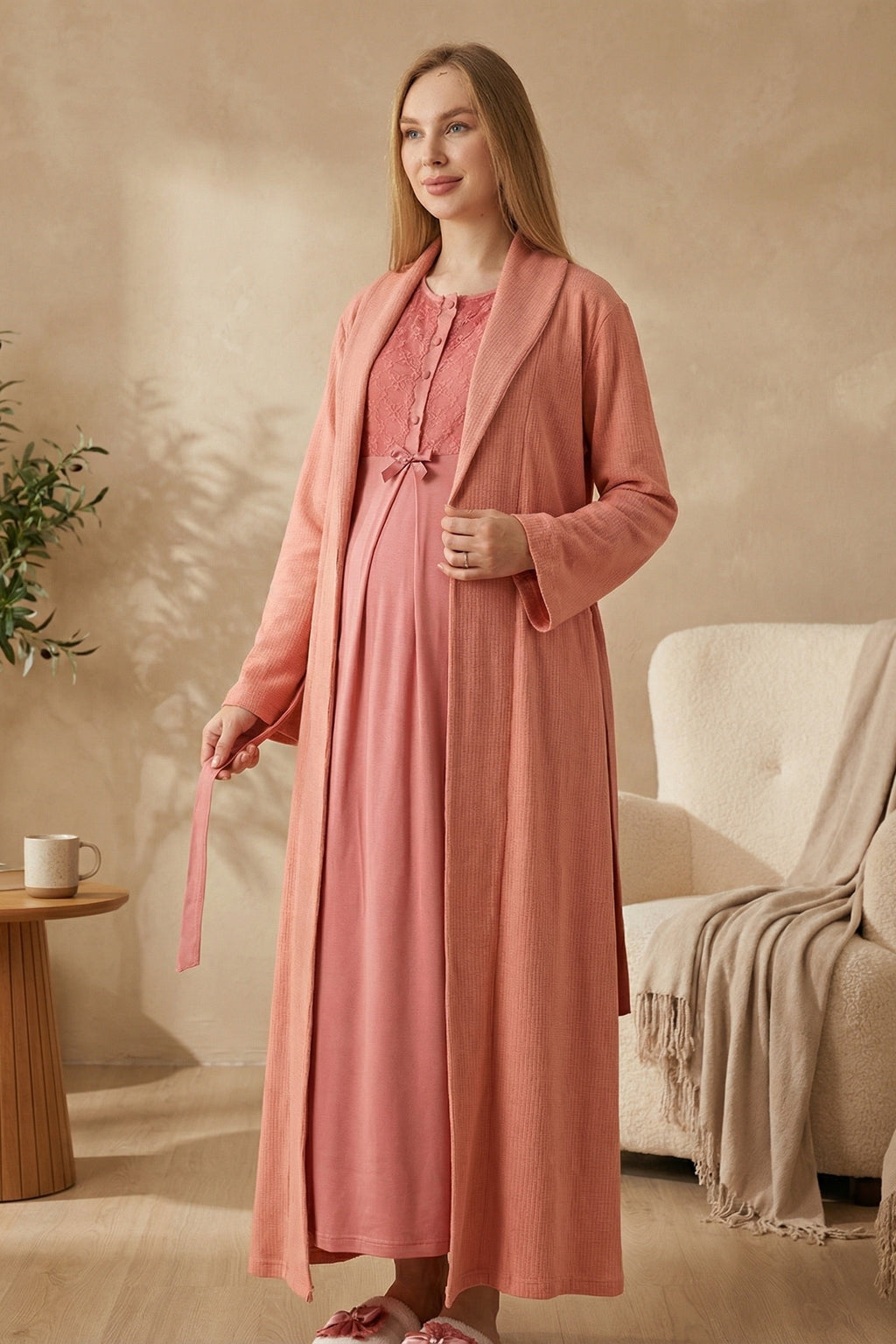 Guipure Collar Maternity Feeding-Friendly Nightgown & Ribbed Robe Set Pomegranate Red - Z2320