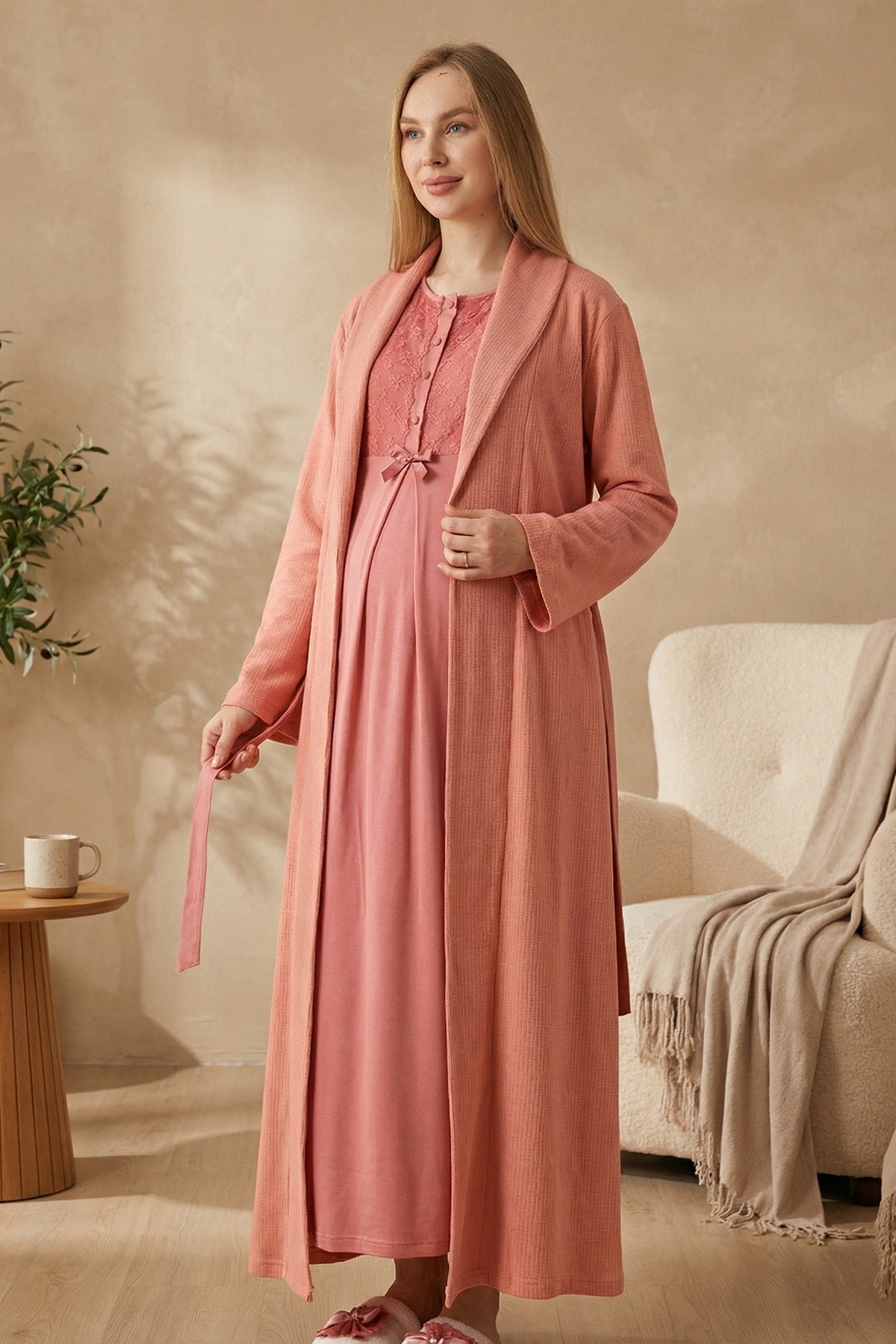 Guipure Collar Maternity Feeding-Friendly Nightgown & Ribbed Robe Set Pomegranate Red - Z2320