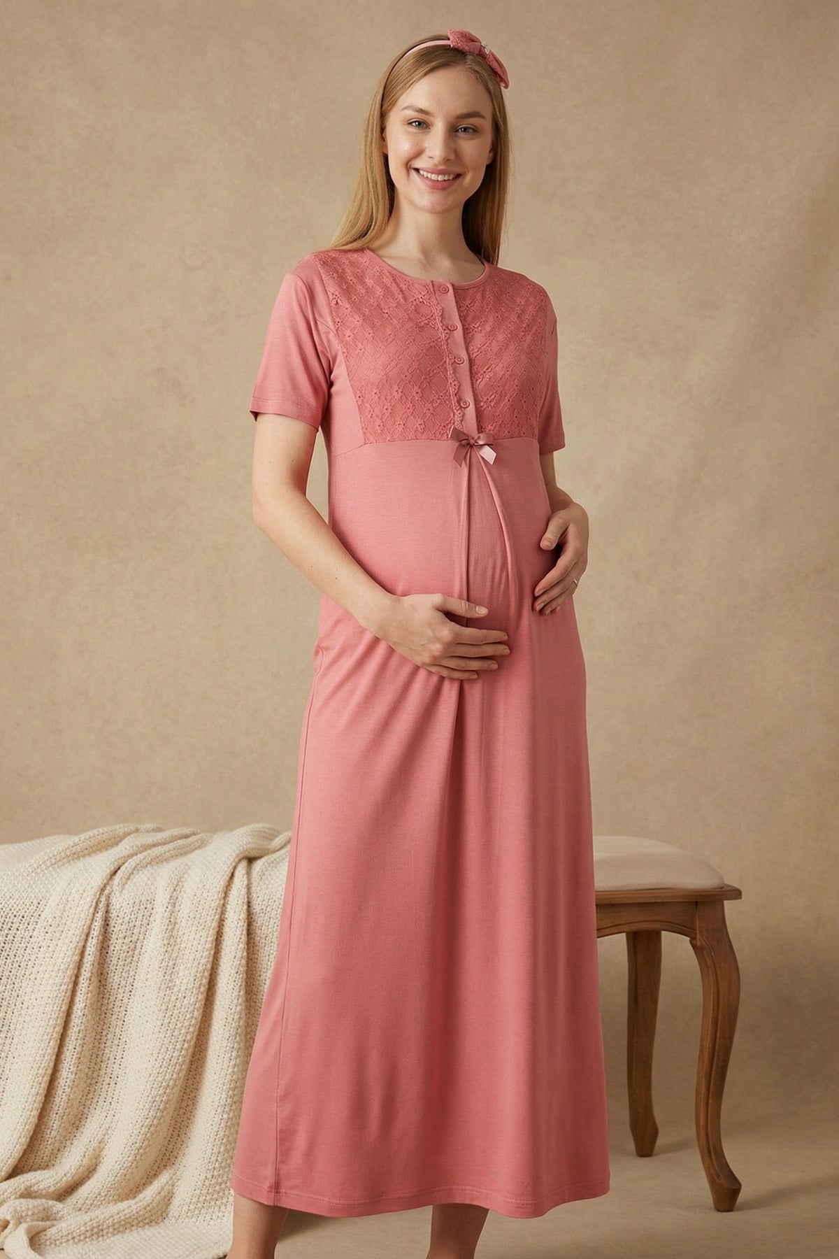 Guipure Collar Maternity Feeding-Friendly Nightgown & Ribbed Robe Set Pomegranate Red - Z2320