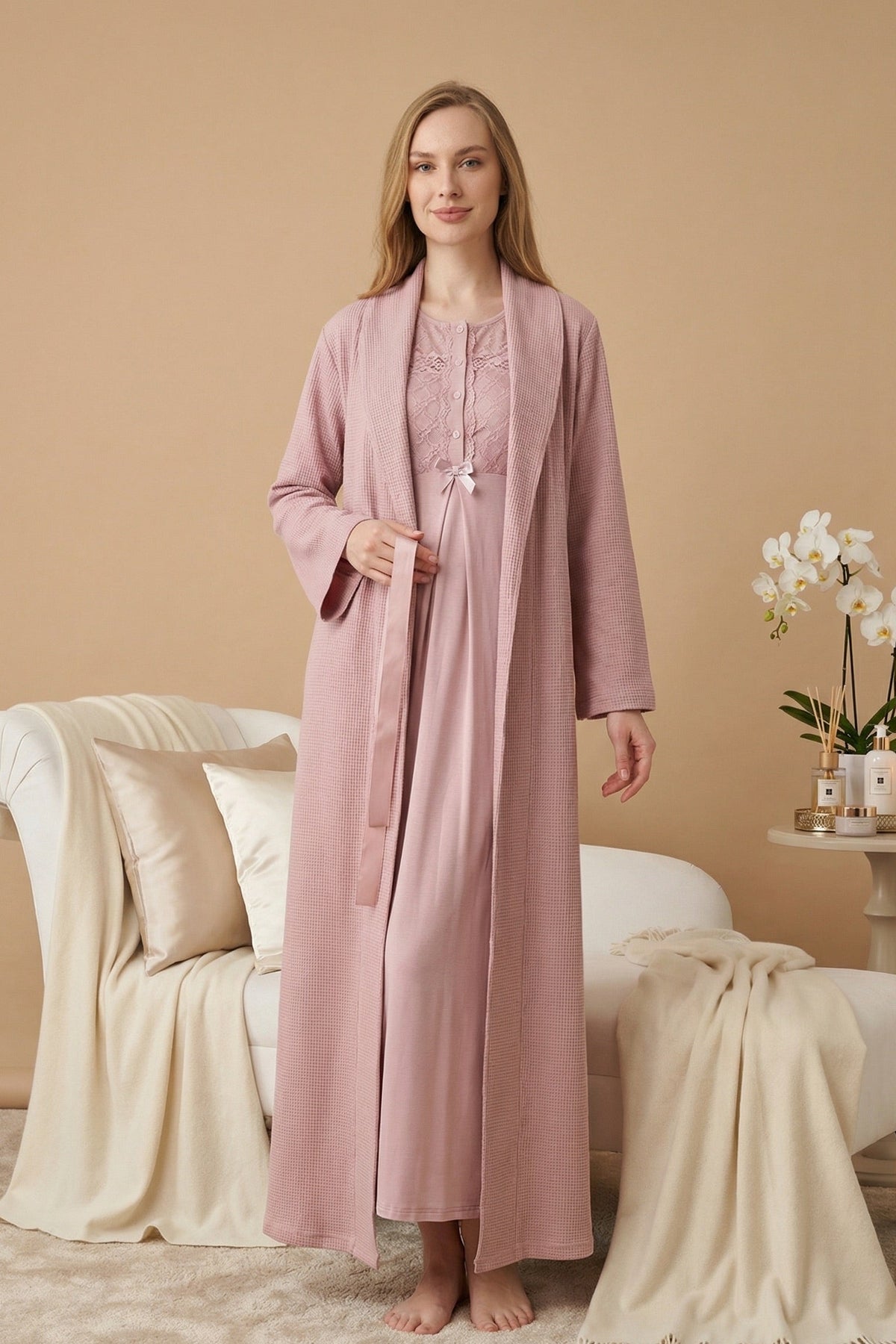 Guipure Collar Maternity Feeding-Friendly Nightgown & Ribbed Robe Set Powder - Z2320