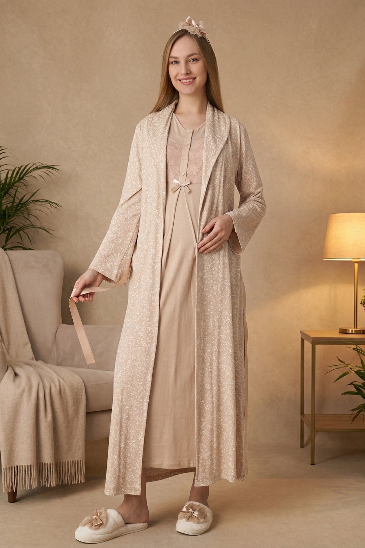 Guipure Maternity Feeding-Friendly Nightgown & Patterned Robe Set Mink - Z2321