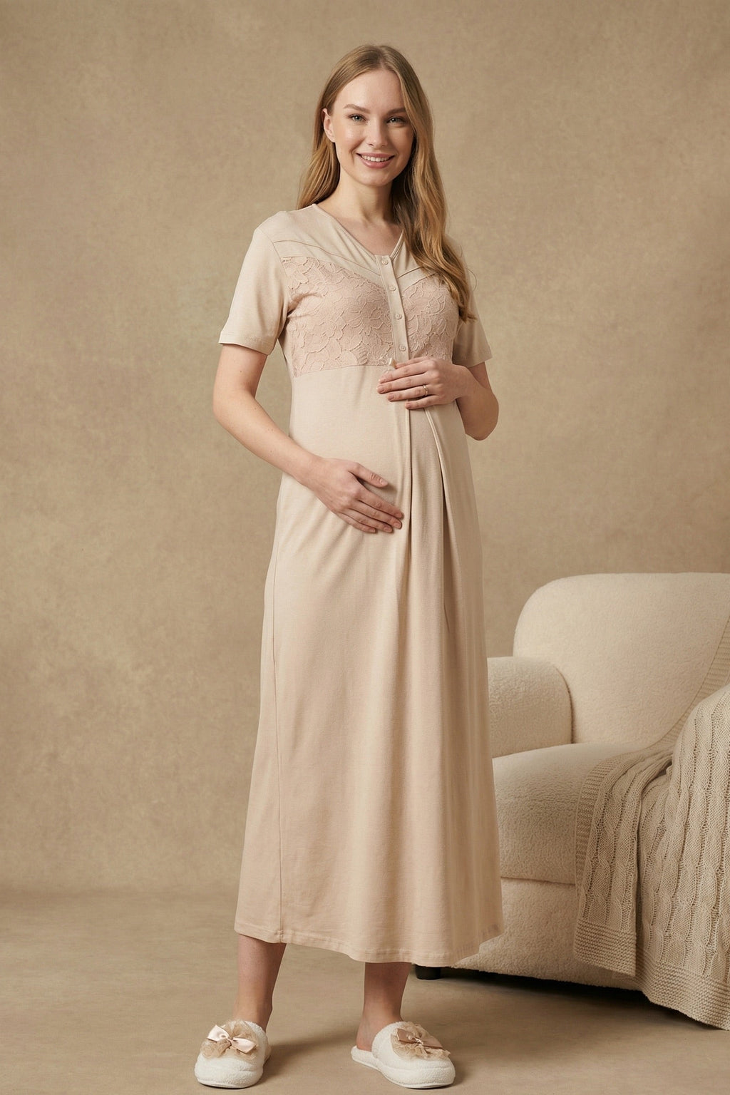 Guipure Maternity Feeding-Friendly Nightgown & Patterned Robe Set Mink - Z2321