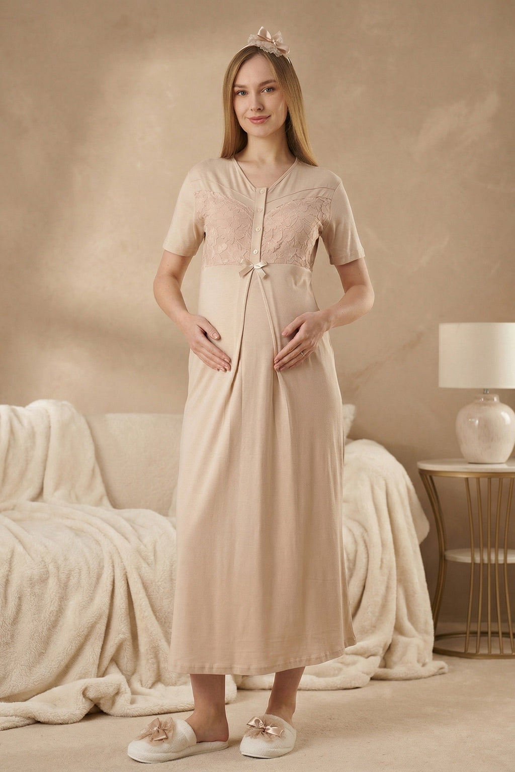 Guipure Maternity Feeding-Friendly Nightgown & Patterned Robe Set Mink - Z2321