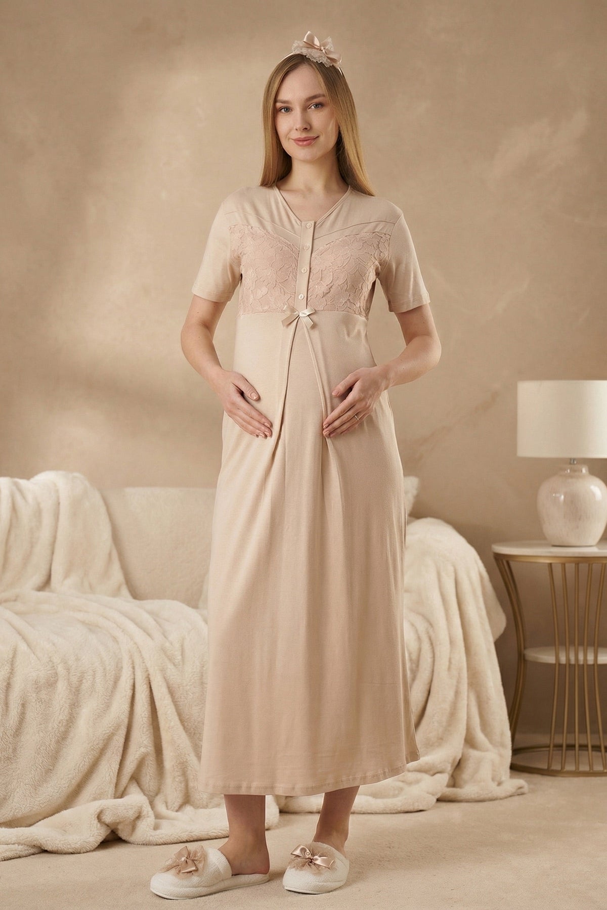 Guipure Maternity Feeding-Friendly Nightgown & Patterned Robe Set Mink - Z2321