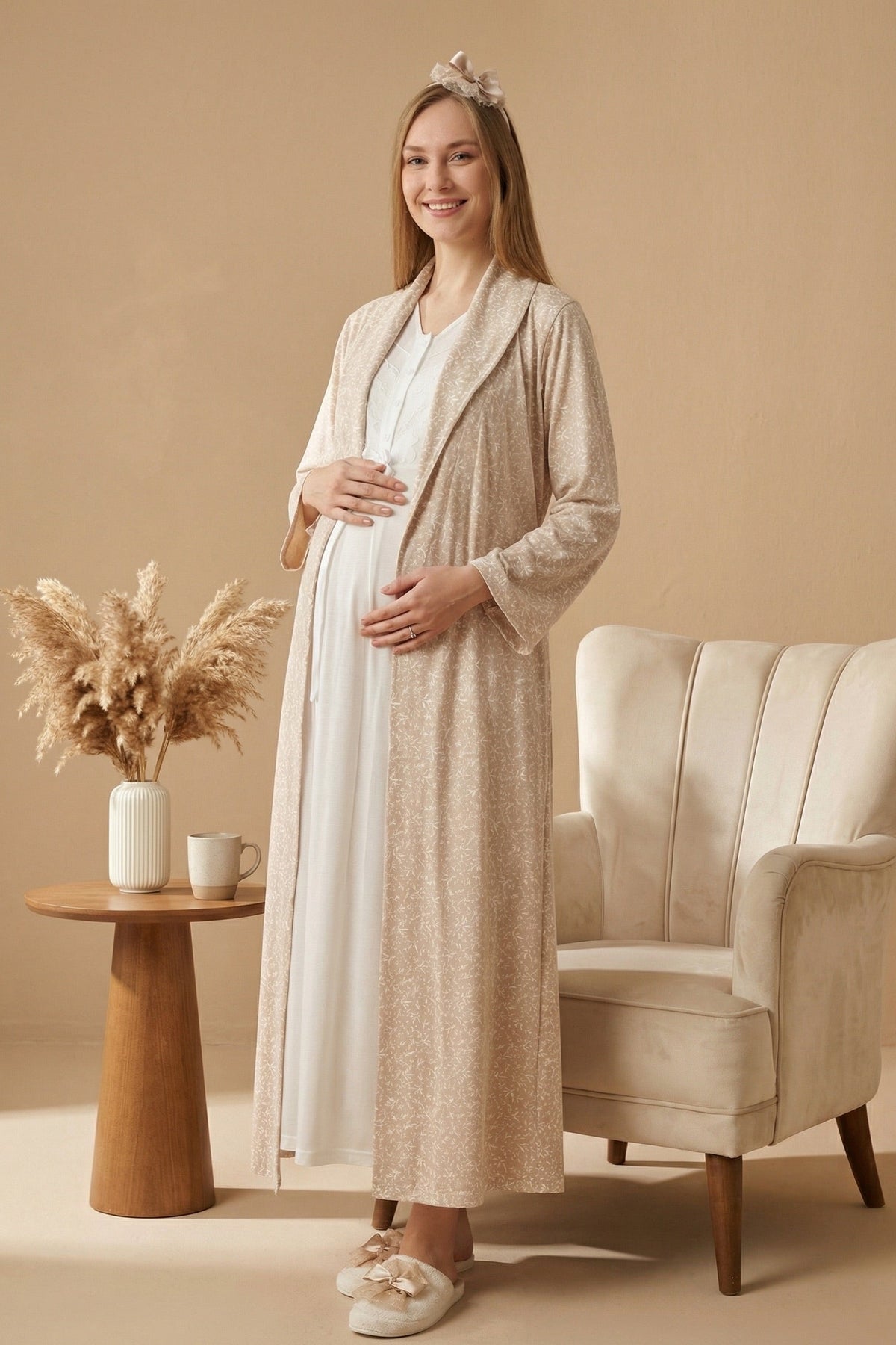 Guipure Maternity Feeding-Friendly Nightgown & Patterned Robe Set Mink/Ecru - Z2321