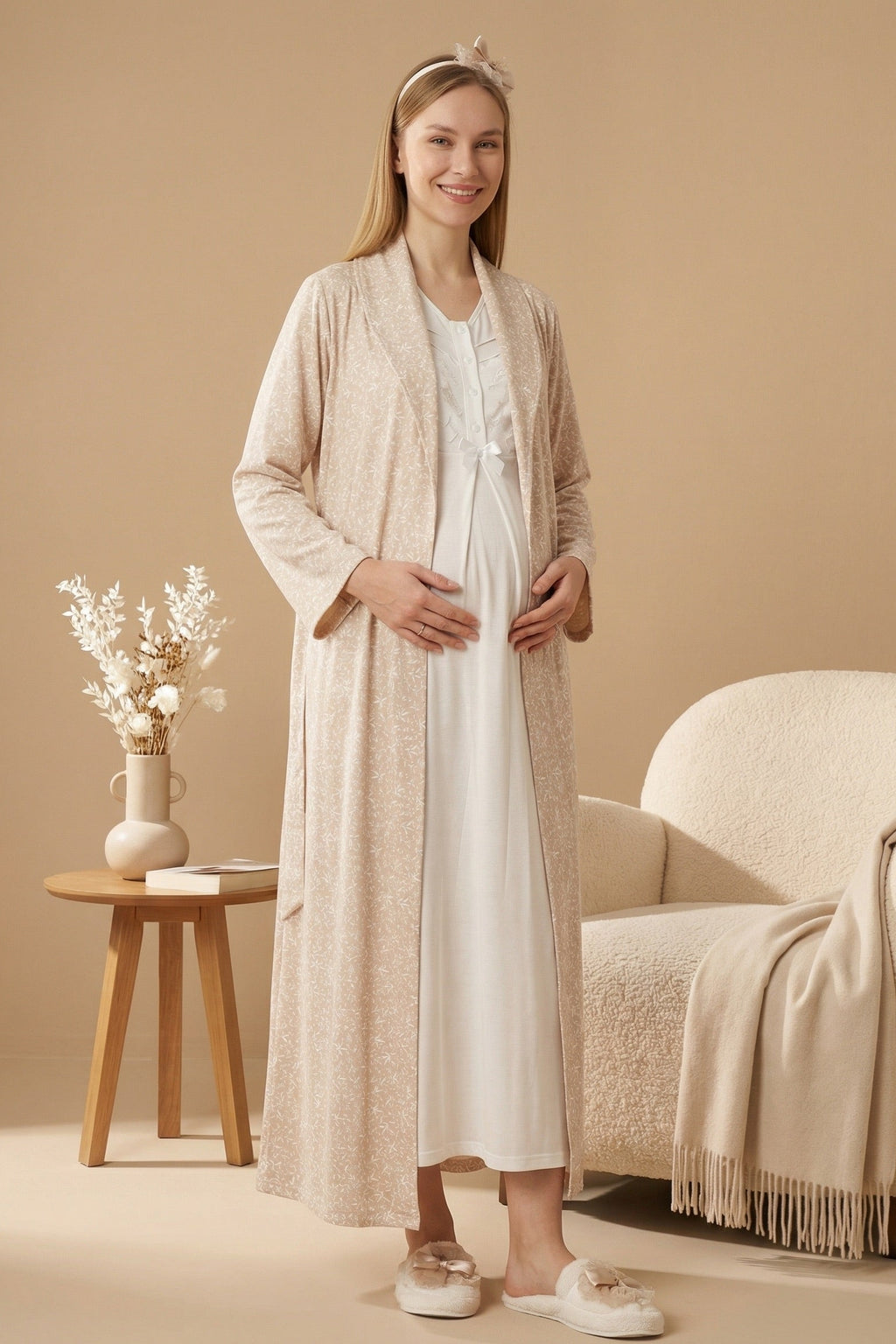 Guipure Maternity Feeding-Friendly Nightgown & Patterned Robe Set Mink/Ecru - Z2321