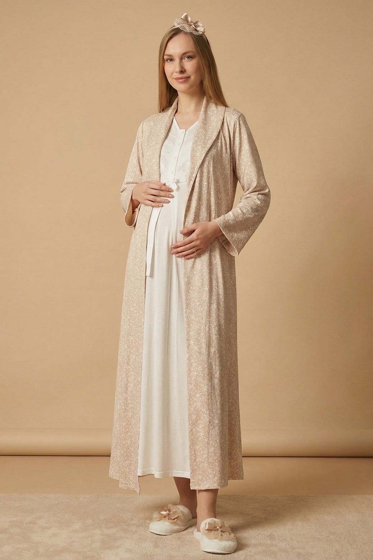 Guipure Maternity Feeding-Friendly Nightgown & Patterned Robe Set Mink/Ecru - Z2321
