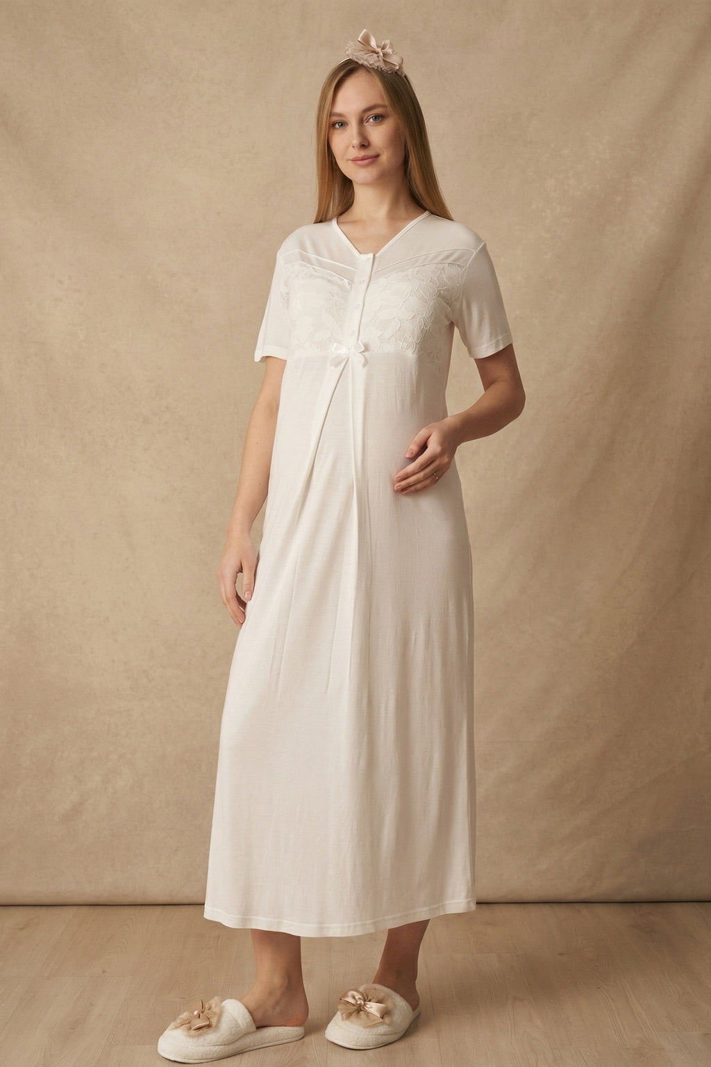 Guipure Maternity Feeding-Friendly Nightgown & Patterned Robe Set Mink/Ecru - Z2321