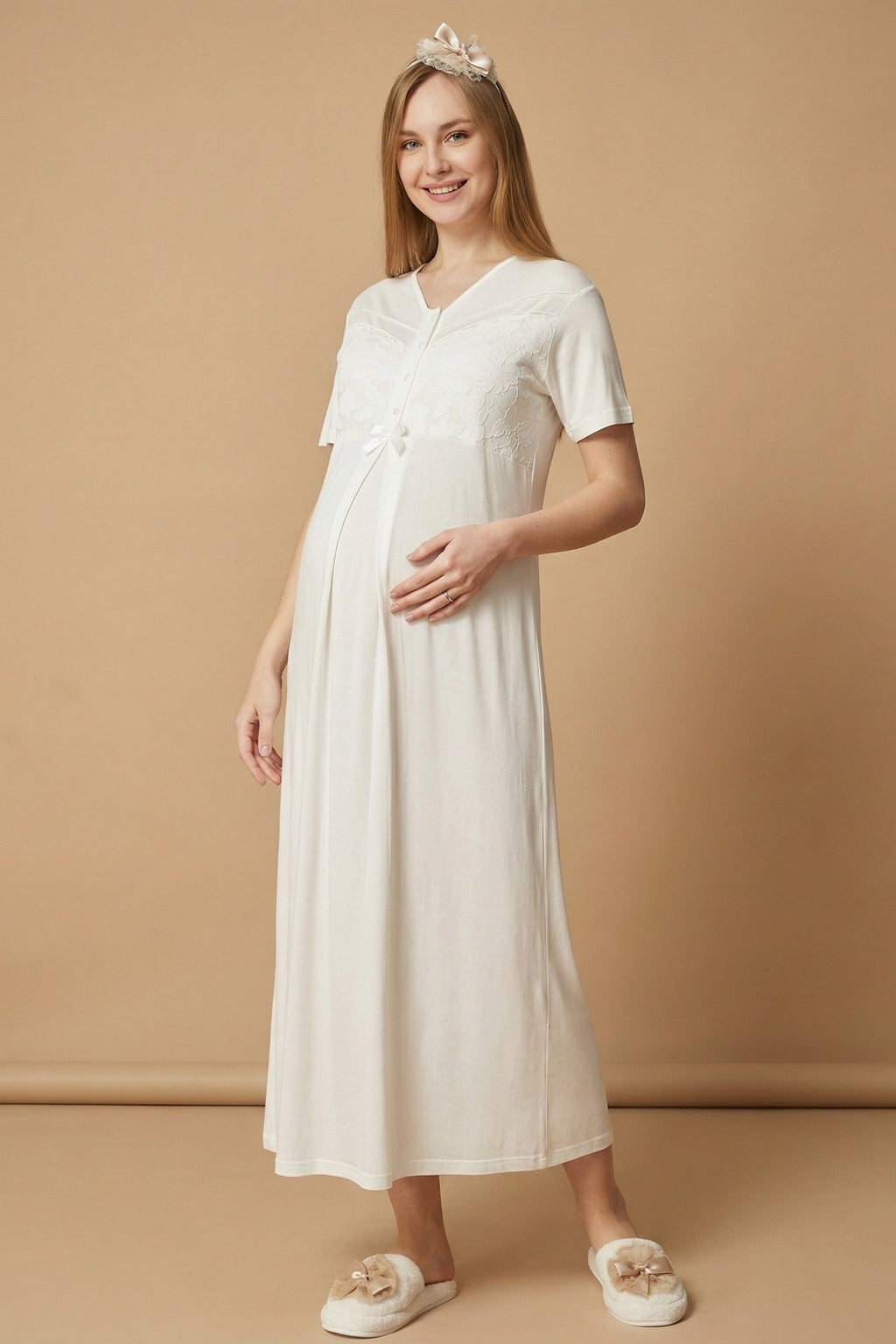 Guipure Maternity Feeding-Friendly Nightgown & Patterned Robe Set Mink/Ecru - Z2321