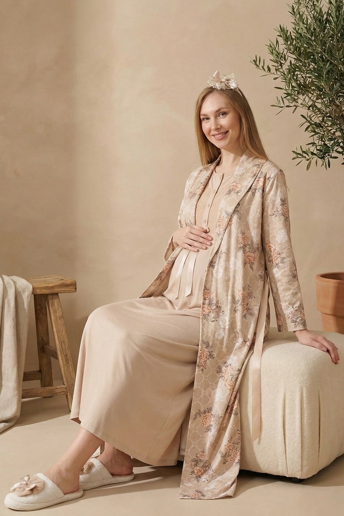 Guipure Collar Maternity Feeding-Friendly Nightgown & Patterned Robe Set Mink - Z2322