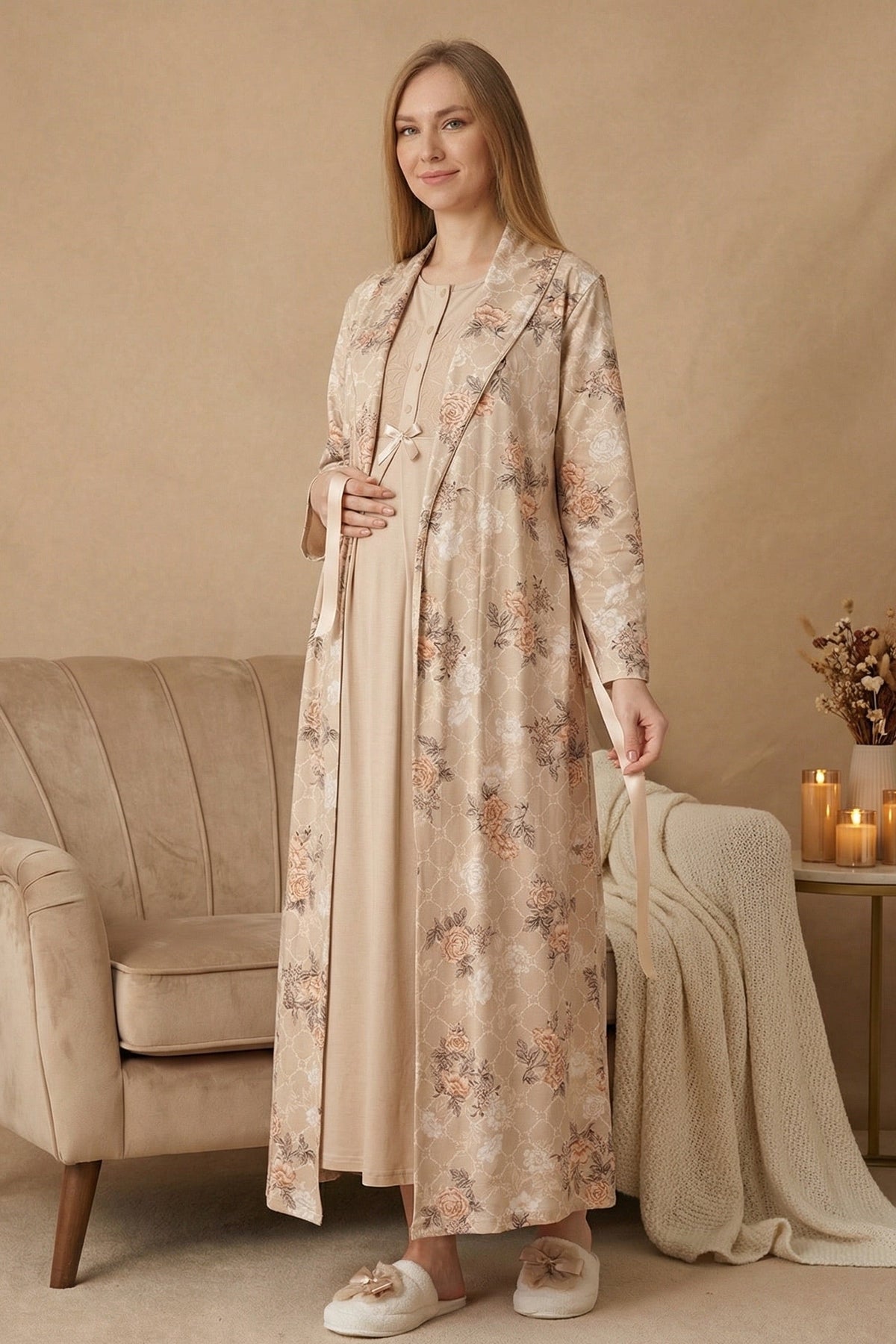 Guipure Collar Maternity Feeding-Friendly Nightgown & Patterned Robe Set Mink - Z2322