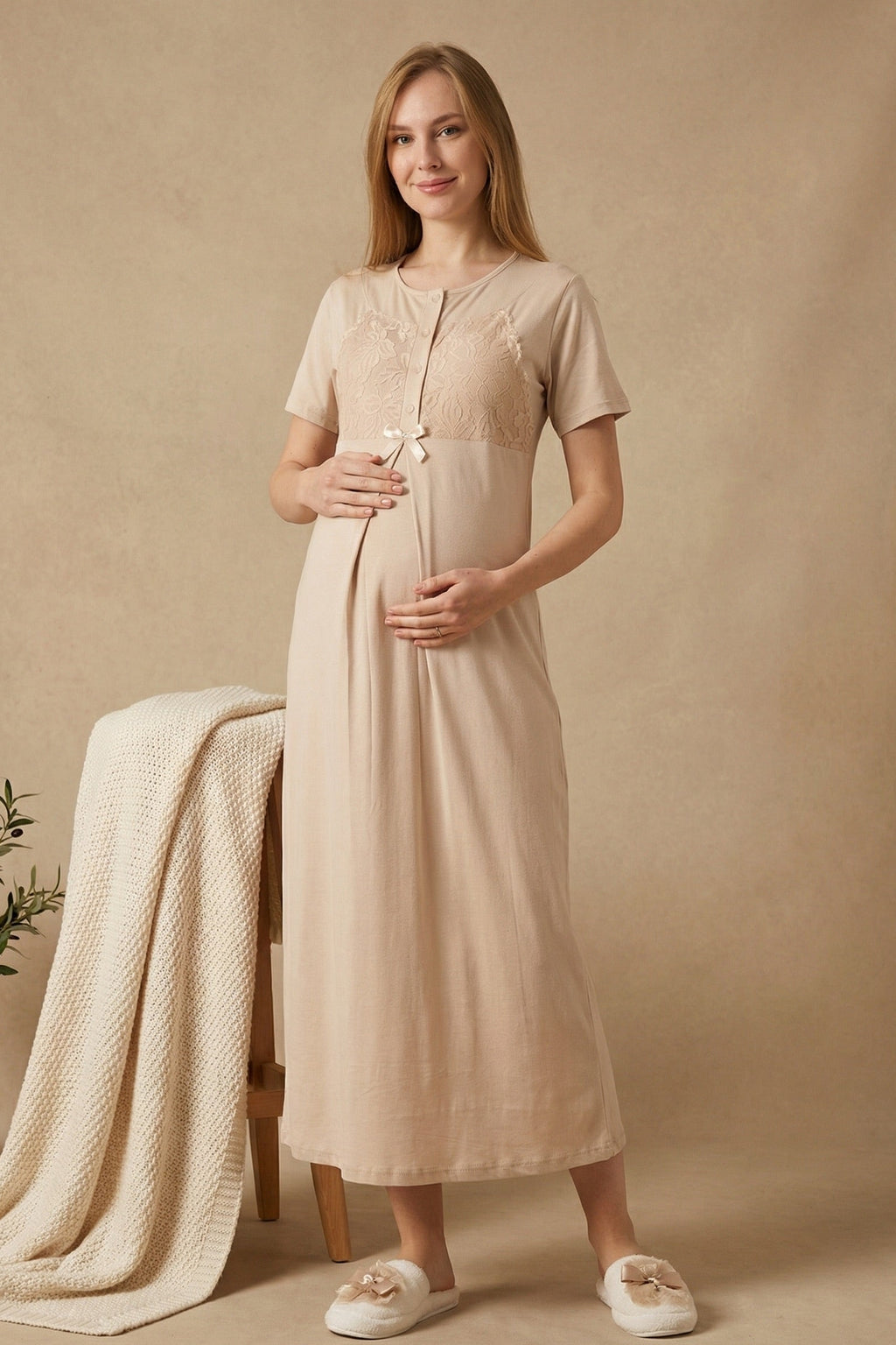 Guipure Collar Maternity Feeding-Friendly Nightgown & Patterned Robe Set Mink - Z2322