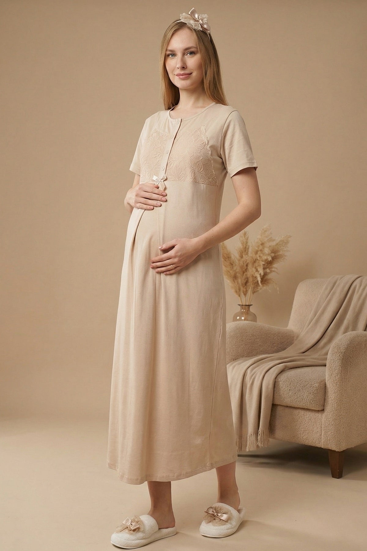Guipure Collar Maternity Feeding-Friendly Nightgown & Patterned Robe Set Mink - Z2322