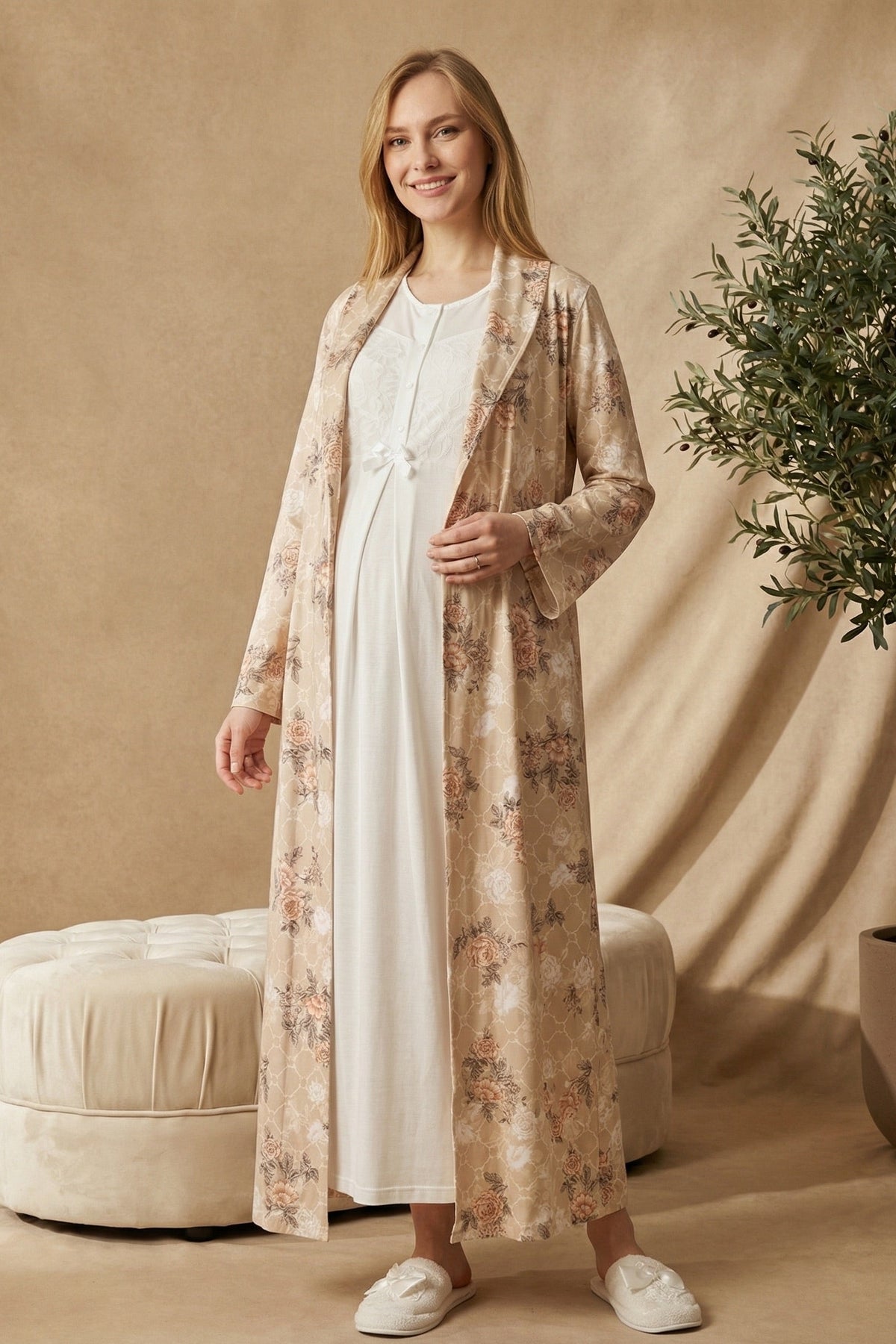 Guipure Collar Maternity Feeding-Friendly Nightgown & Patterned Robe Set Ecru - Z2322