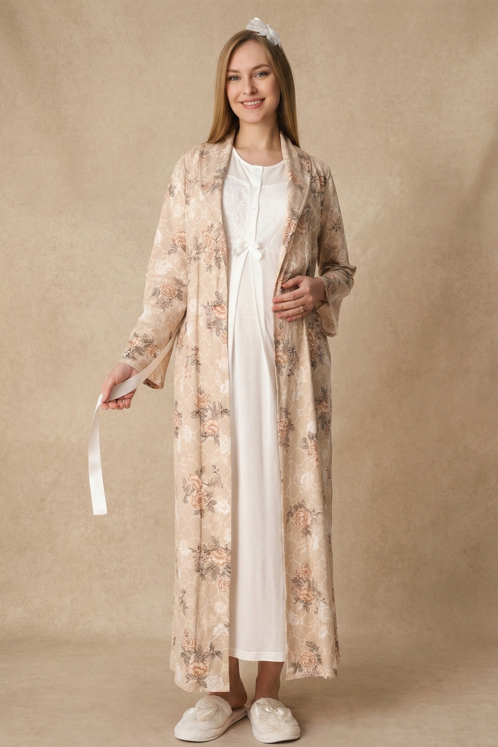 Guipure Collar Maternity Feeding-Friendly Nightgown & Patterned Robe Set Ecru - Z2322