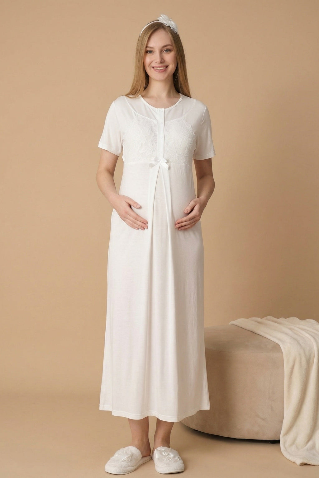 Guipure Collar Maternity Feeding-Friendly Nightgown & Patterned Robe Set Ecru - Z2322
