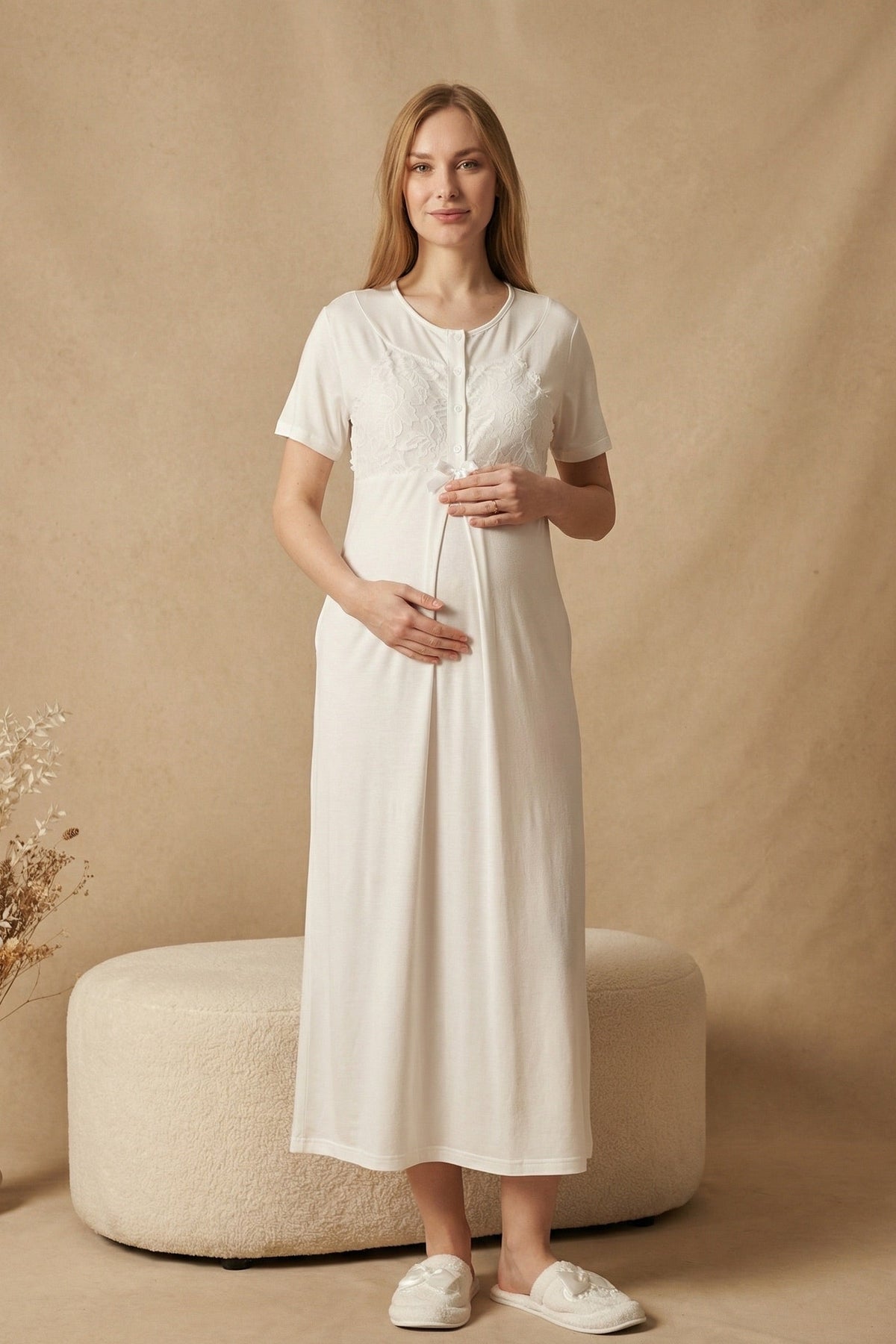 Guipure Collar Maternity Feeding-Friendly Nightgown & Patterned Robe Set Ecru - Z2322