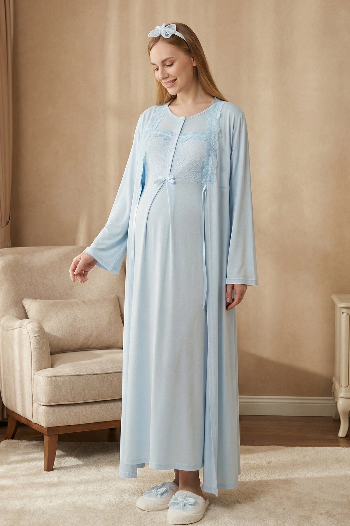 Floral Lace Collar Maternity Feeding-Friendly Nightgown & Robe Set Blue - Z2324