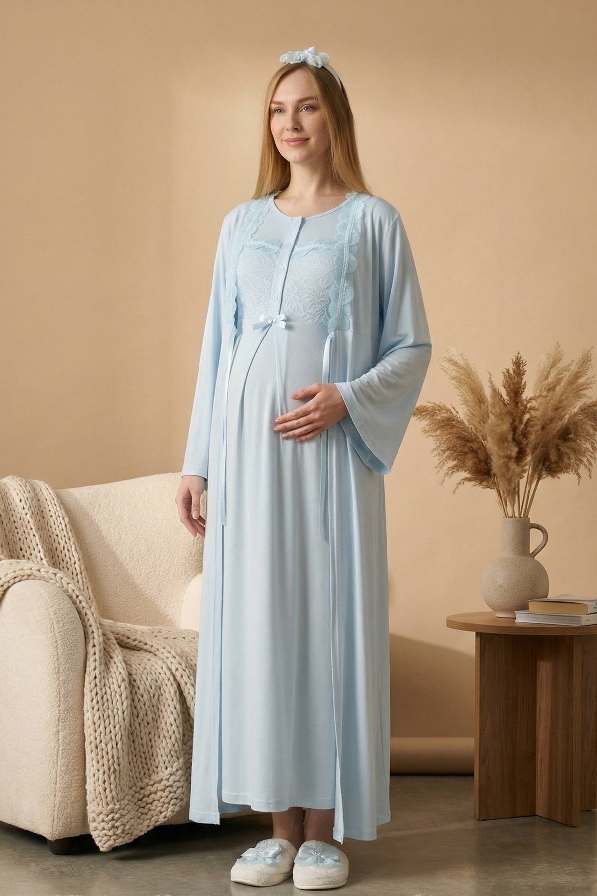 Floral Lace Collar Maternity Feeding-Friendly Nightgown & Robe Set Blue - Z2324
