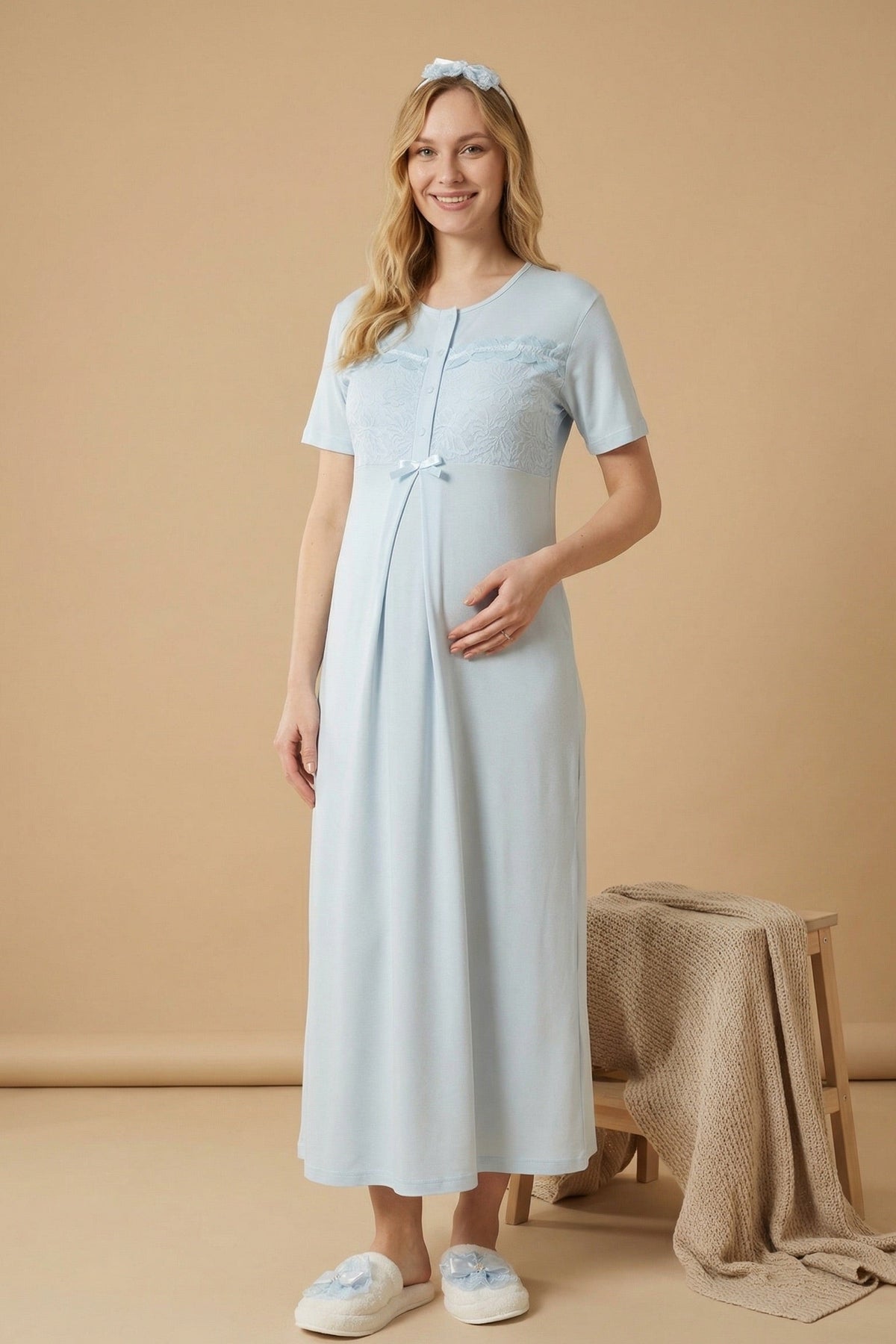 Floral Lace Collar Maternity Feeding-Friendly Nightgown & Robe Set Blue - Z2324