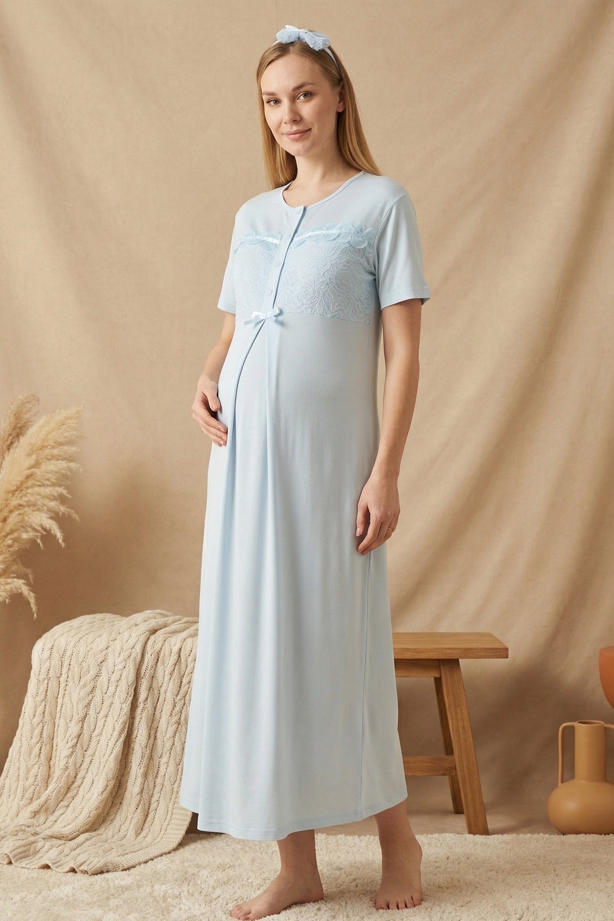 Floral Lace Collar Maternity Feeding-Friendly Nightgown & Robe Set Blue - Z2324