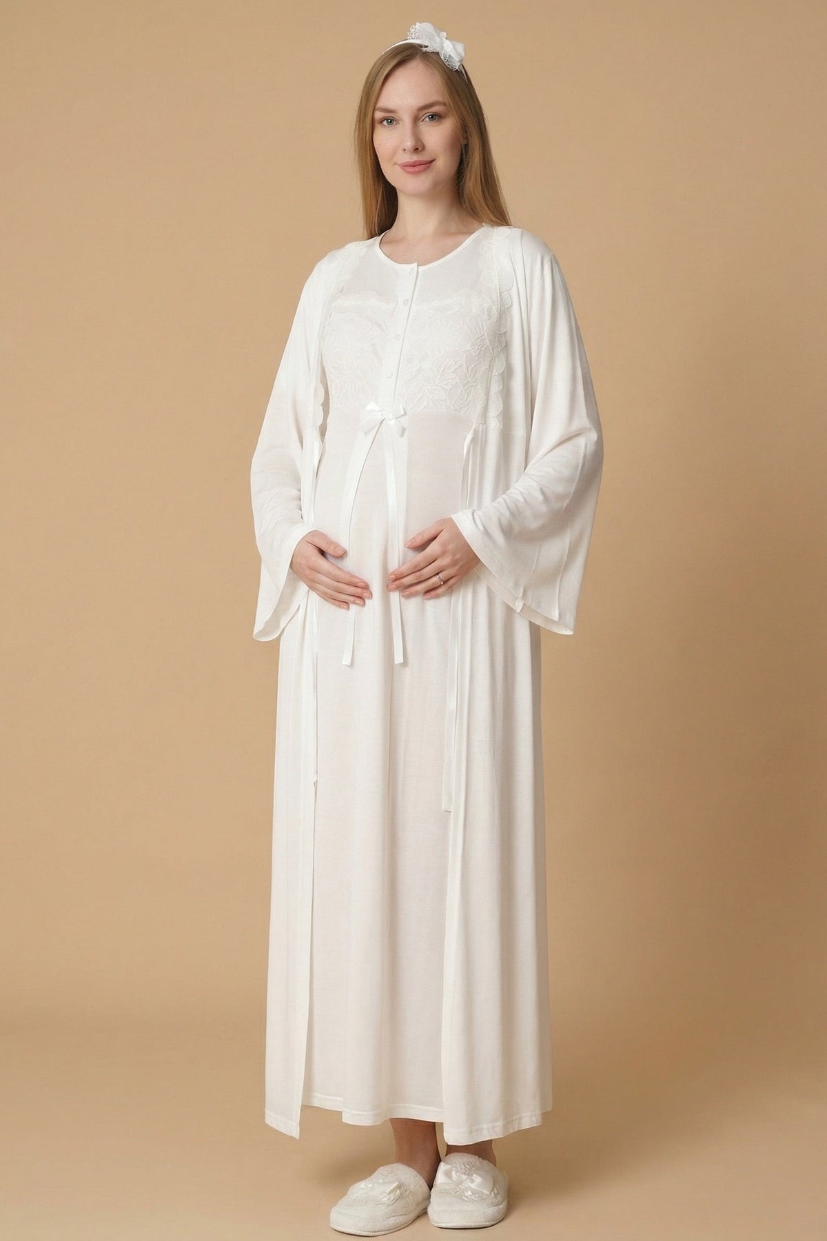 Floral Lace Collar Maternity Feeding-Friendly Nightgown & Robe Set Ecru - Z2324