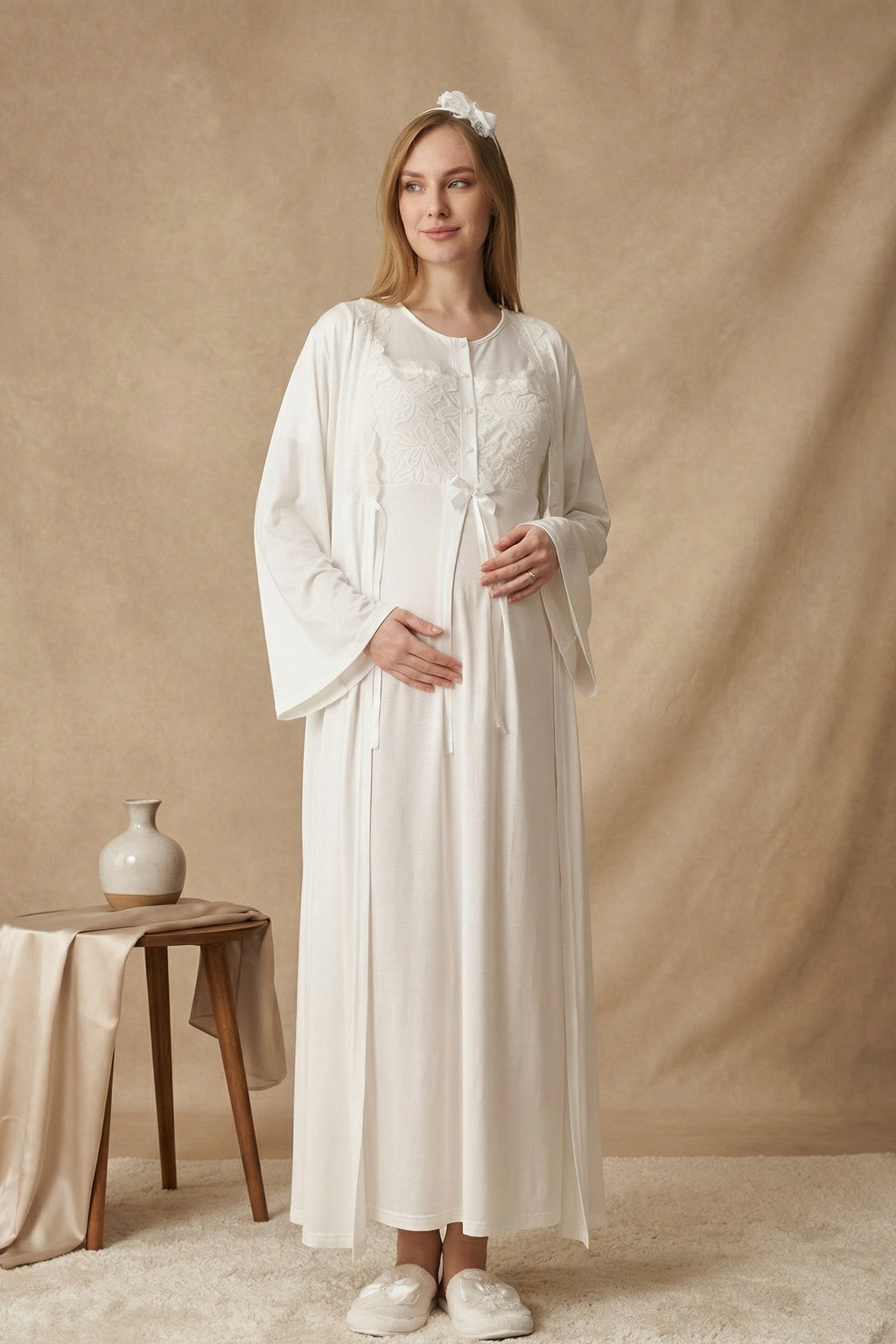 Floral Lace Collar Maternity Feeding-Friendly Nightgown & Robe Set Ecru - Z2324