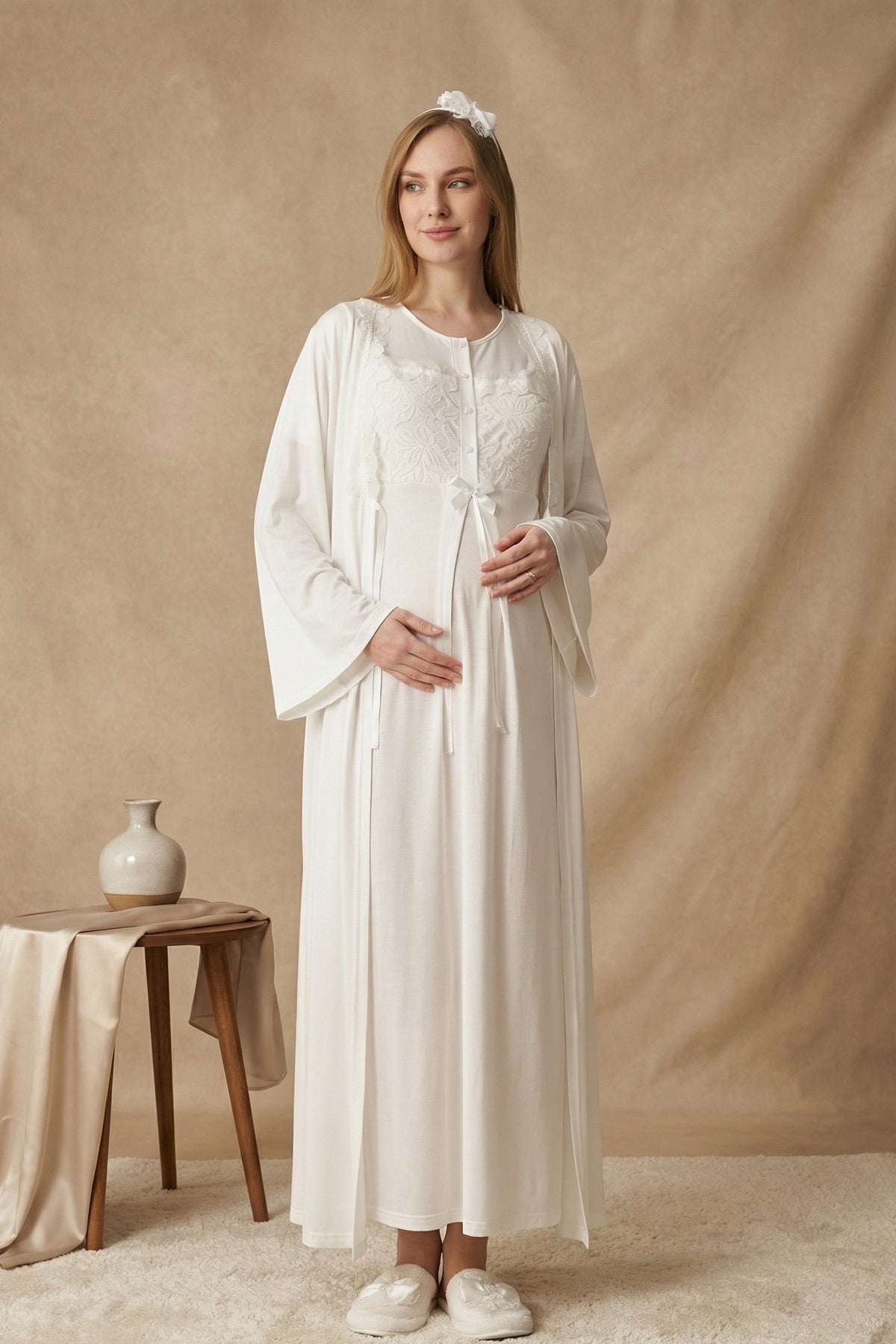 Floral Lace Collar Maternity Feeding-Friendly Nightgown & Robe Set Ecru - Z2324
