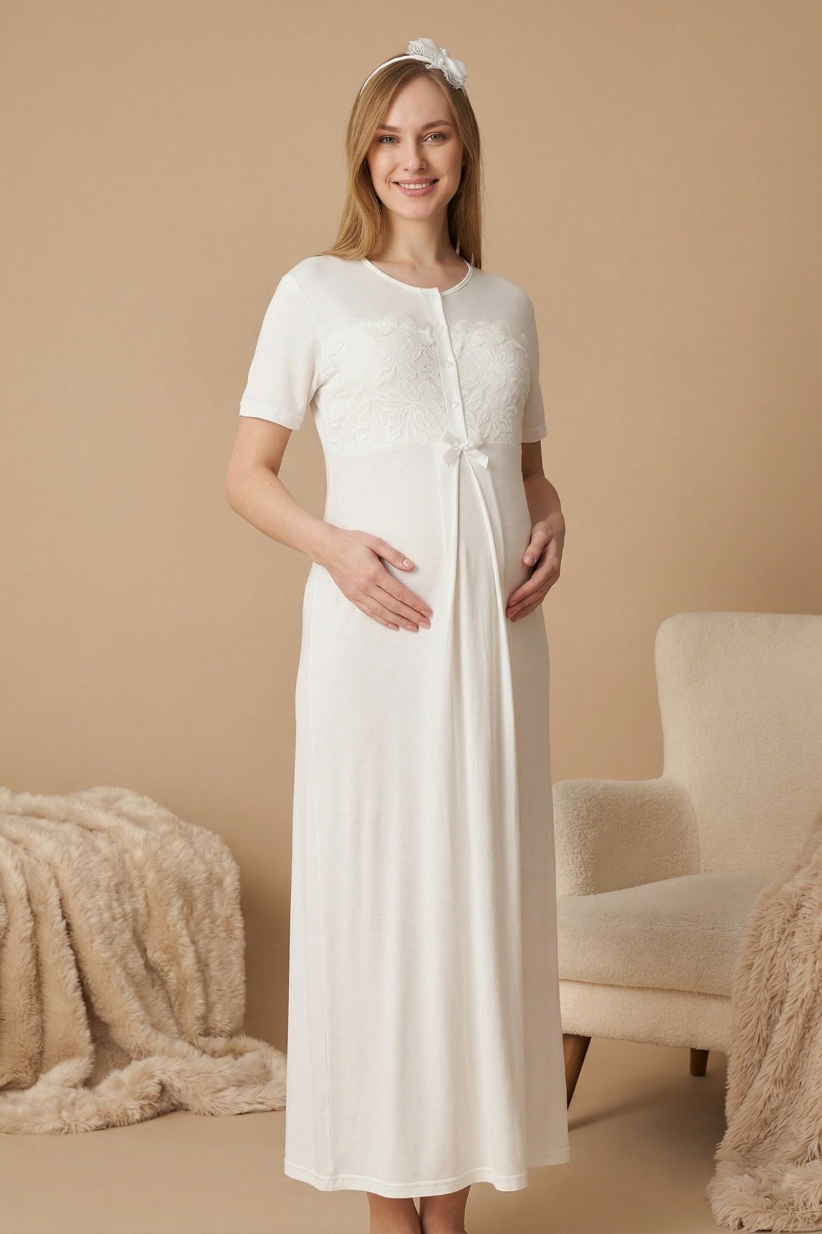 Floral Lace Collar Maternity Feeding-Friendly Nightgown & Robe Set Ecru - Z2324