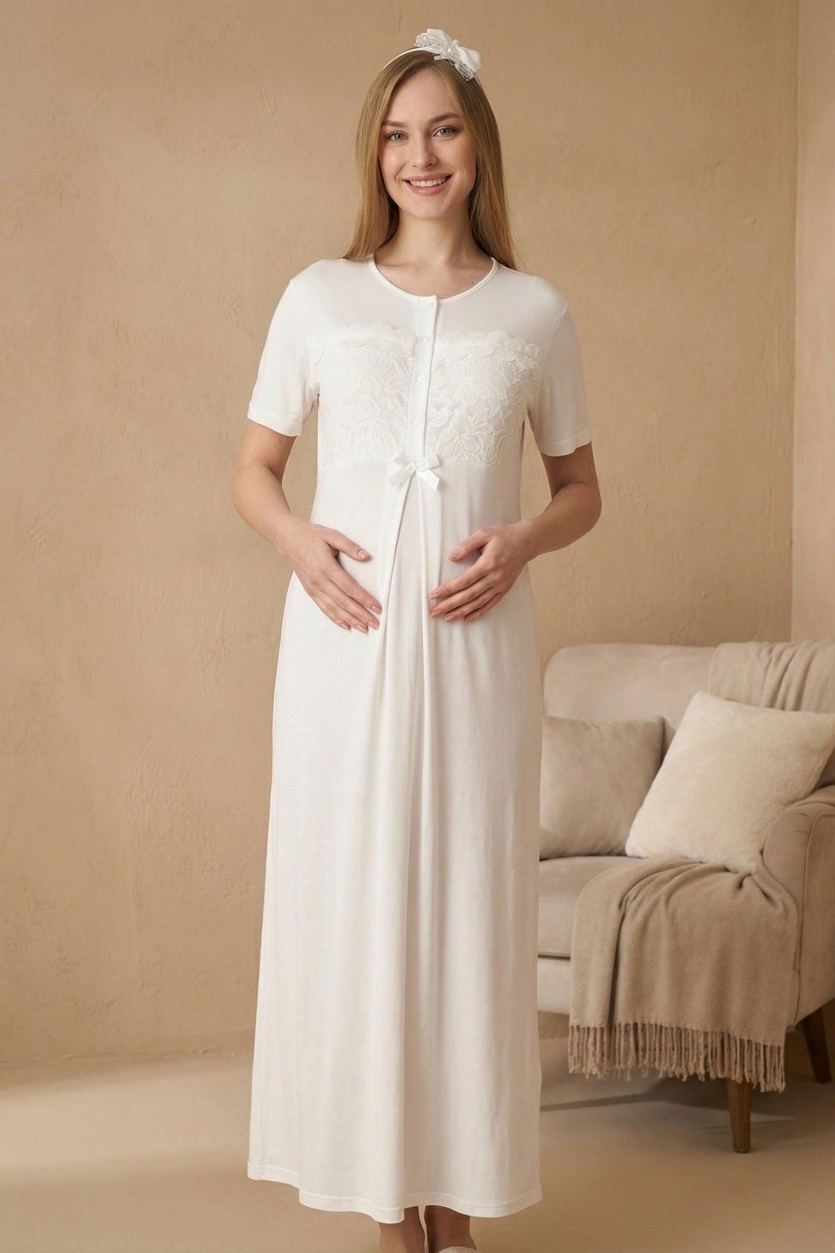Floral Lace Collar Maternity Feeding-Friendly Nightgown & Robe Set Ecru - Z2324