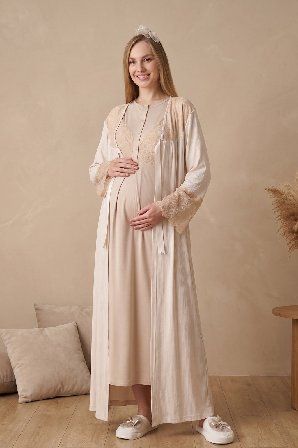 Elegant Lace Detailed Maternity Feeding-Friendly Nightgown & Jacquard Robe Set Mink - Z2326