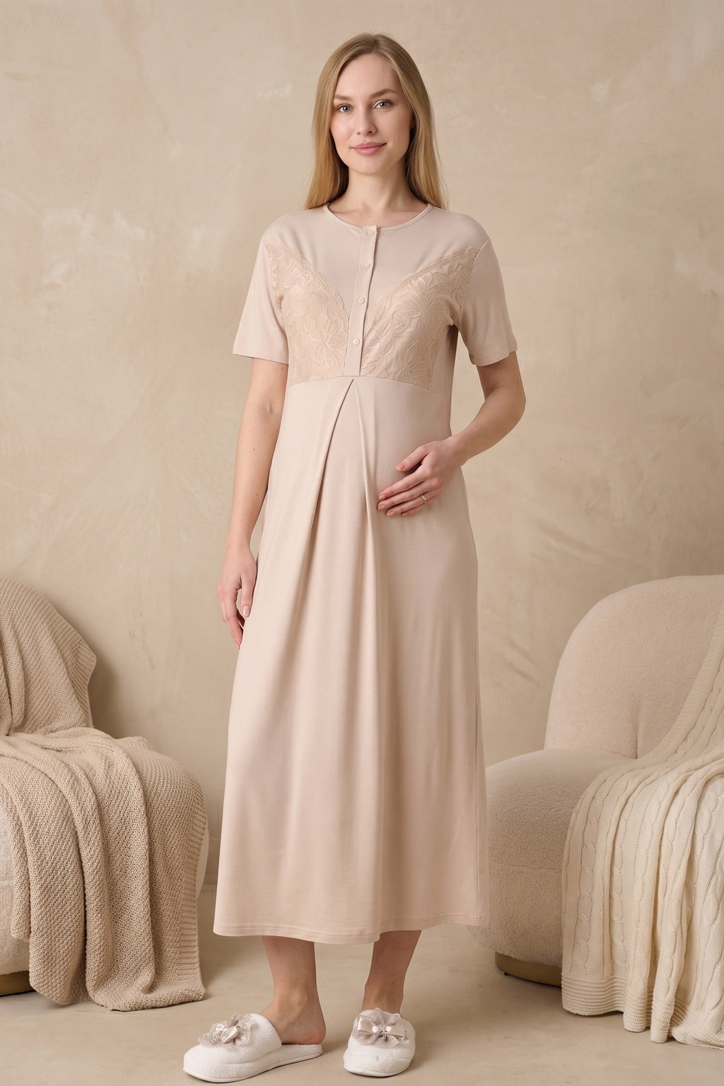 Elegant Lace Detailed Maternity Feeding-Friendly Nightgown & Jacquard Robe Set Mink - Z2326