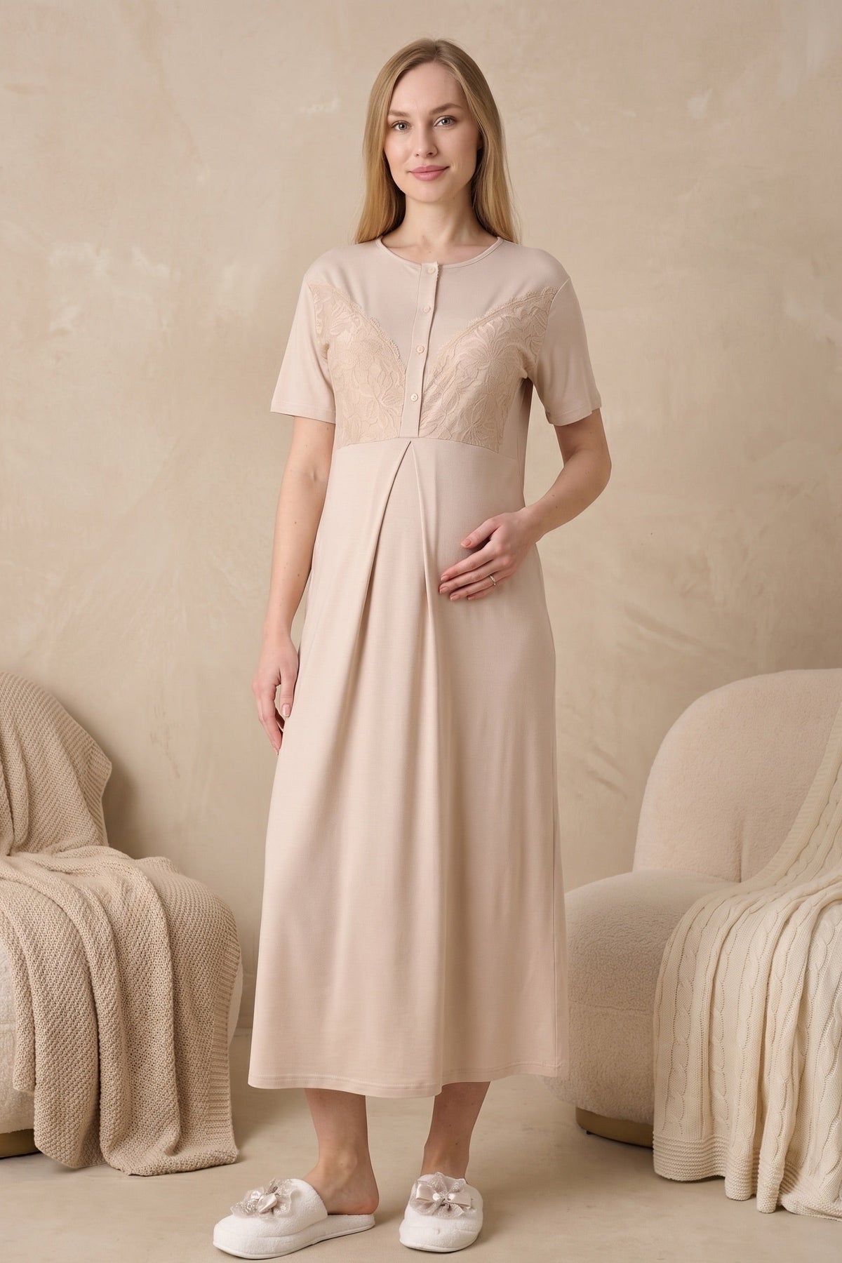 Elegant Lace Detailed Maternity Feeding-Friendly Nightgown & Jacquard Robe Set Mink - Z2326