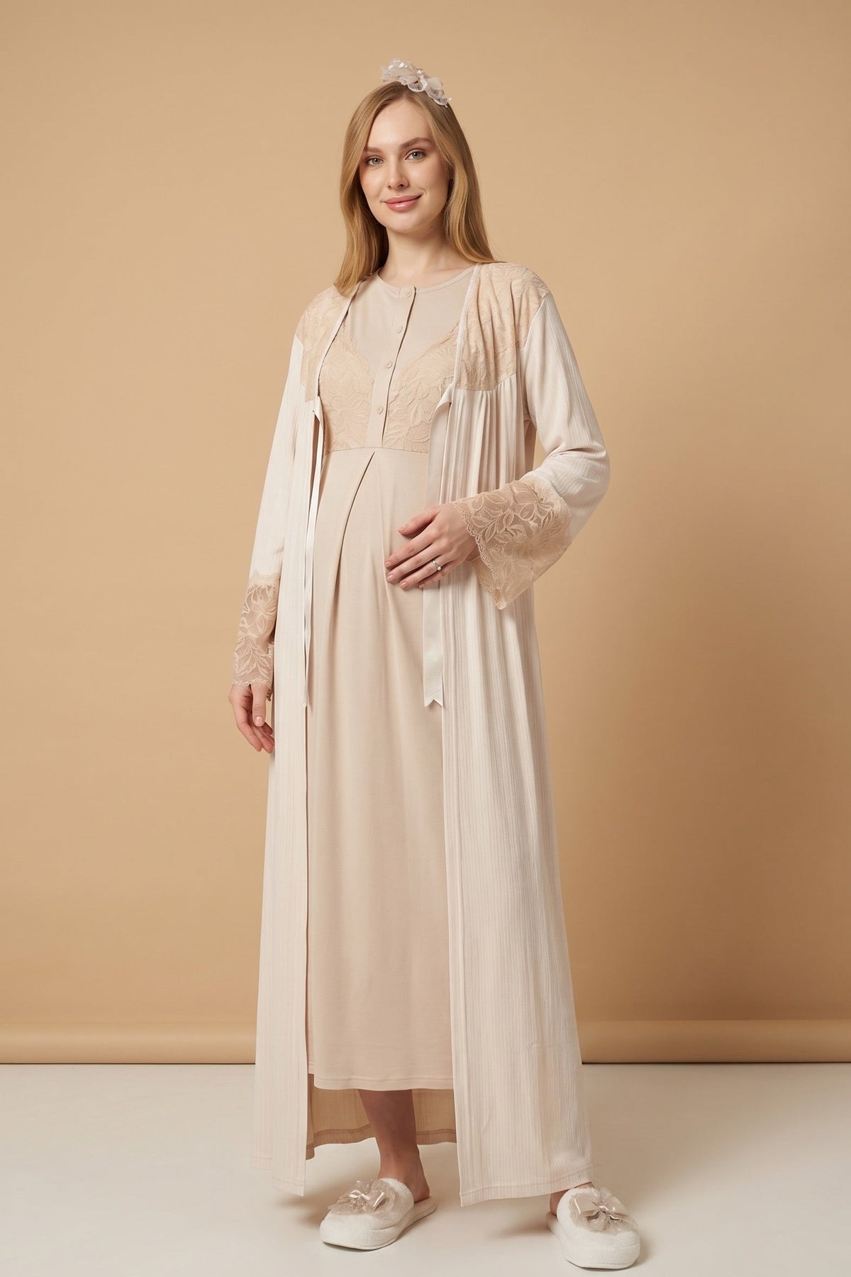 Elegant Lace Detailed Maternity Feeding-Friendly Nightgown & Jacquard Robe Set Mink - Z2326