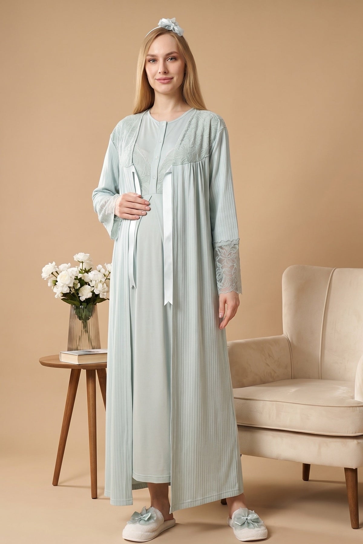 Elegant Lace Detailed Maternity Feeding-Friendly Nightgown & Jacquard Robe Set Mint - Z2326