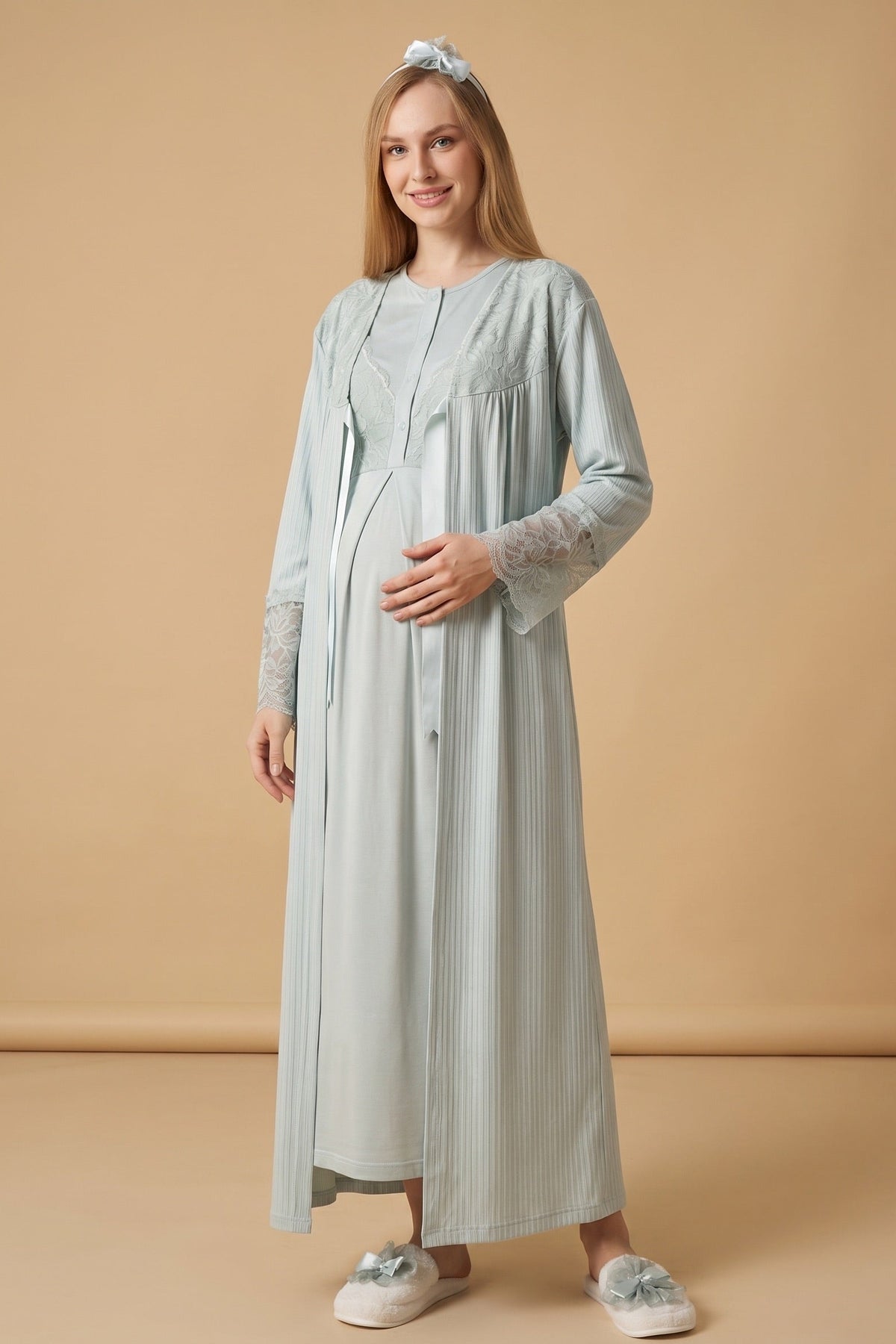 Elegant Lace Detailed Maternity Feeding-Friendly Nightgown & Jacquard Robe Set Mint - Z2326