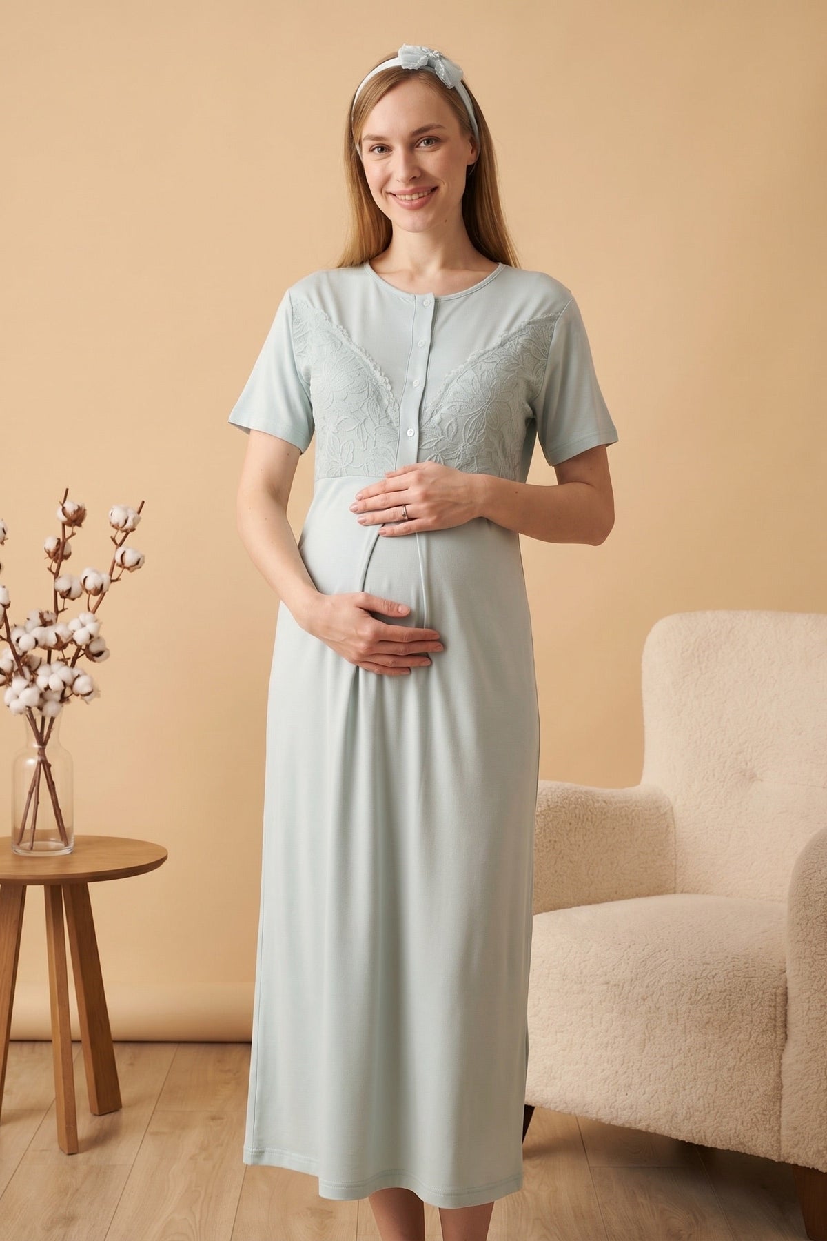 Elegant Lace Detailed Maternity Feeding-Friendly Nightgown & Jacquard Robe Set Mint - Z2326