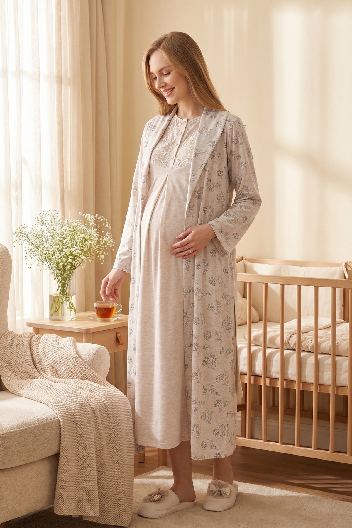 Lace Collar Maternity Feeding-Friendly Nightgown & Flower Patterned Robe Set Mink - Z2328