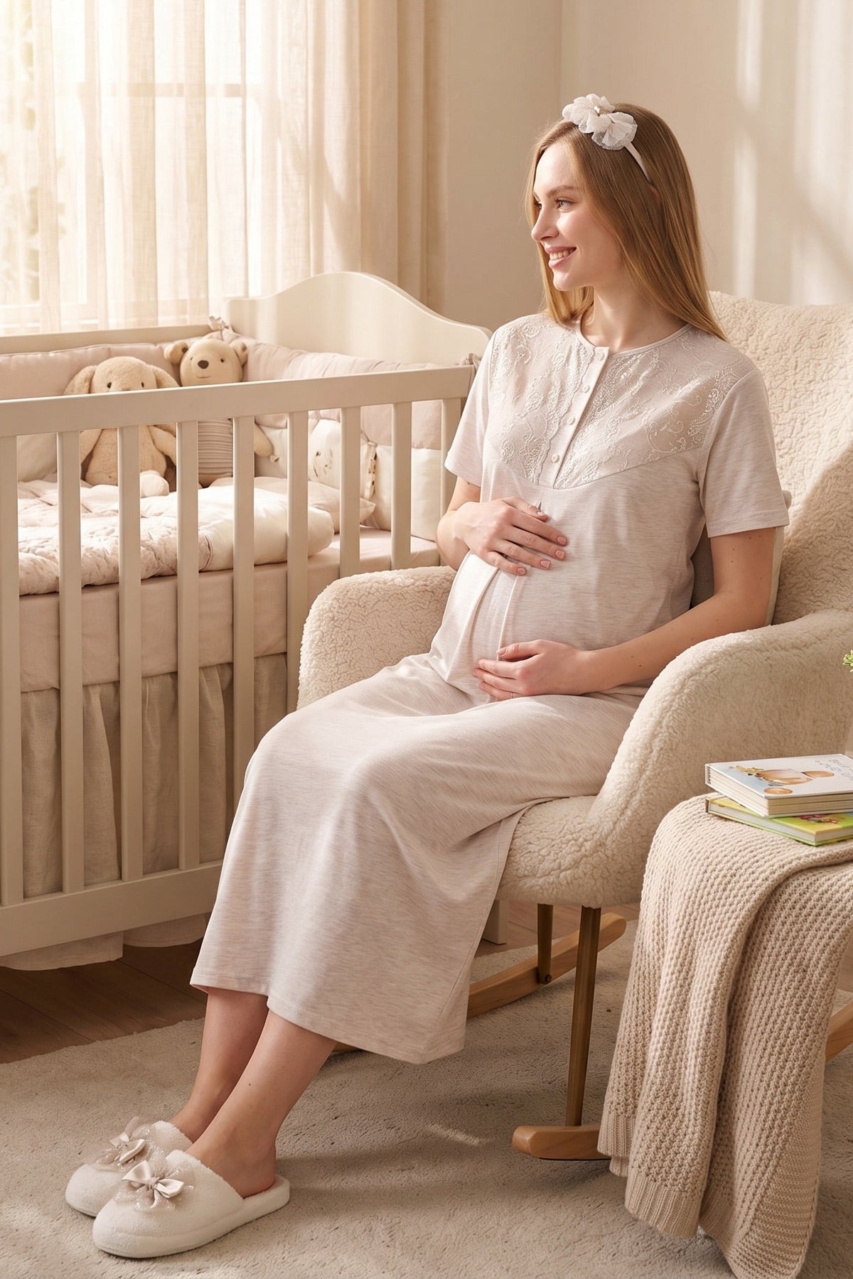Lace Collar Maternity Feeding-Friendly Nightgown & Flower Patterned Robe Set Mink - Z2328