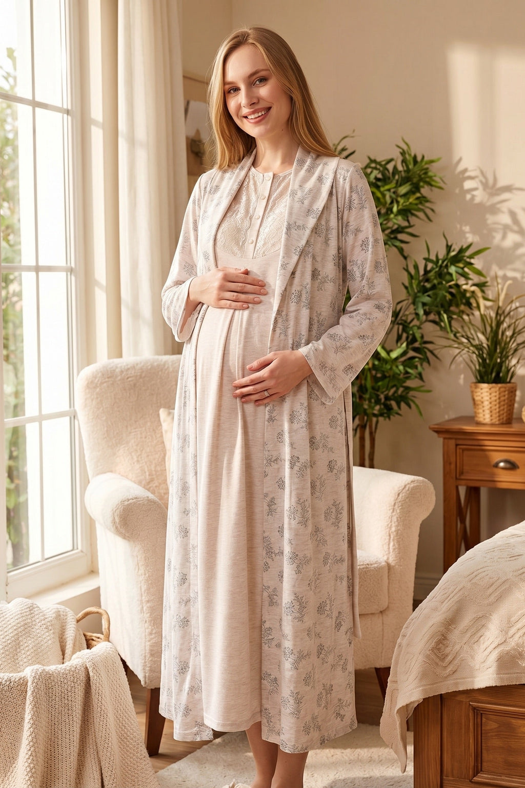 Lace Collar Maternity Feeding-Friendly Nightgown & Flower Patterned Robe Set Mink - Z2328