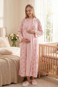 Lace Collar Maternity Feeding-Friendly Nightgown & Flower Patterned Robe Set Salmon - Z2328
